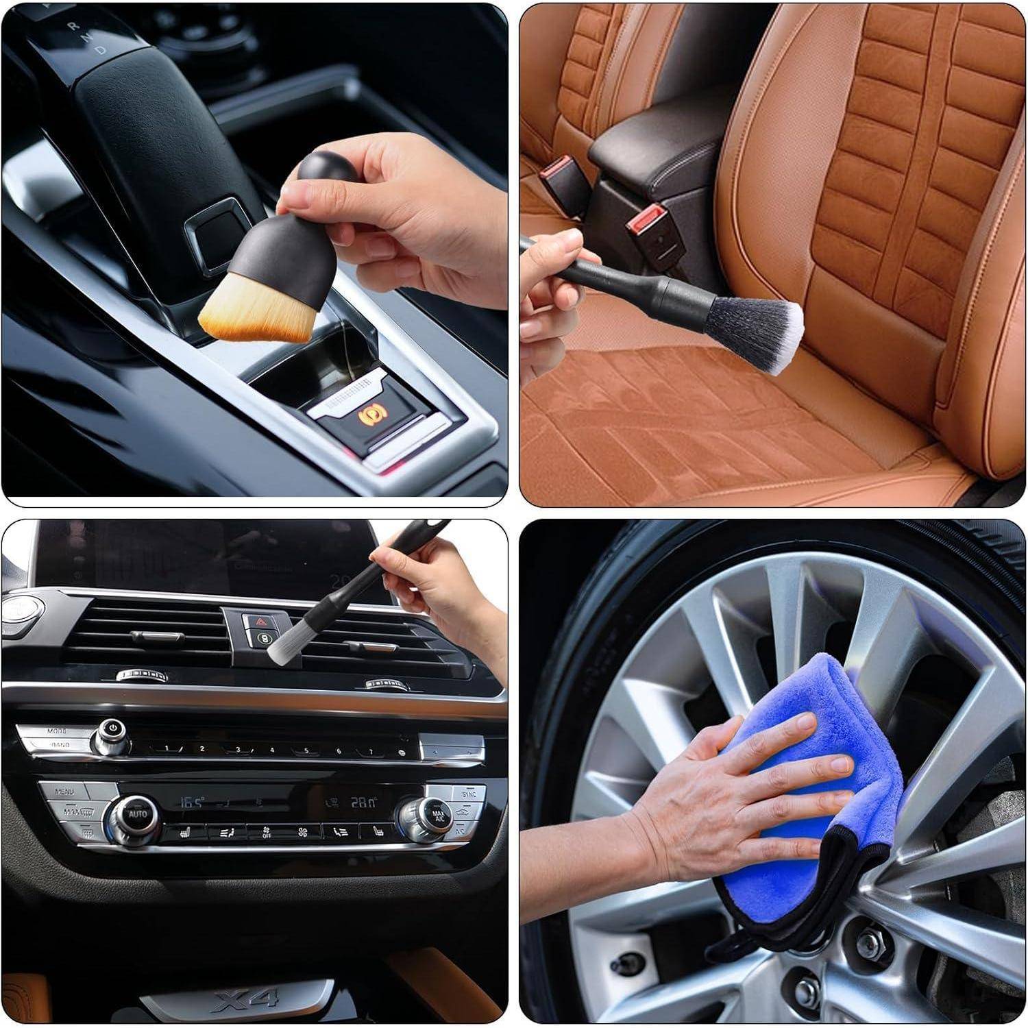 Collage einer Hand, die Detaillierungsbürsten und ein Tuch verwendet, um Autoinnenraumoberflächen, Lüftungsschlitze, Sitze, Mittelkonsole und Felgen zu reinigen.