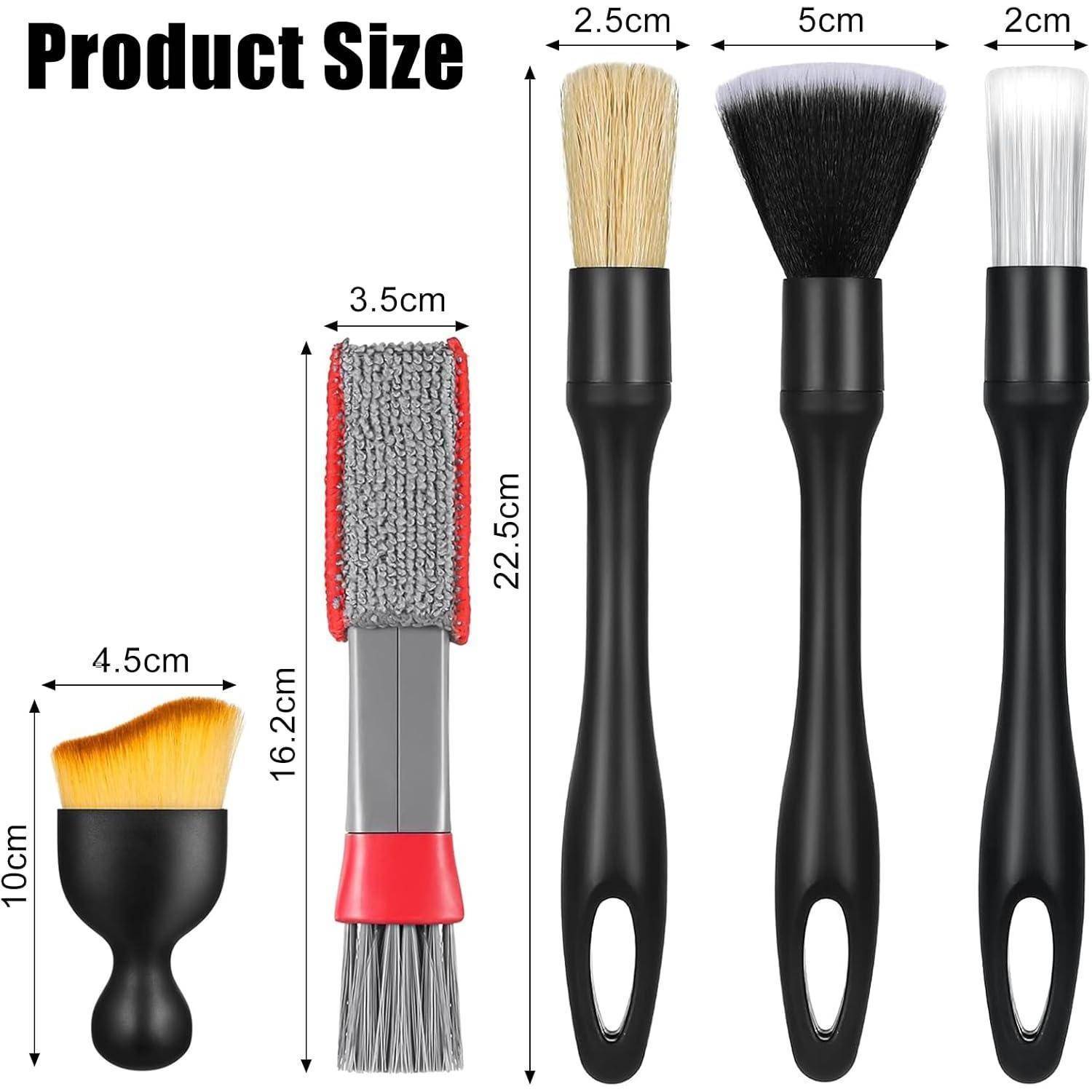 Größentabelle für Produkte mit vier Reinigungsbürsten und ihren Abmessungen: 10 cm, 16,2 cm und 22,5 cm Höhe, mit Kopfbreiten von 2 cm bis 5 cm.