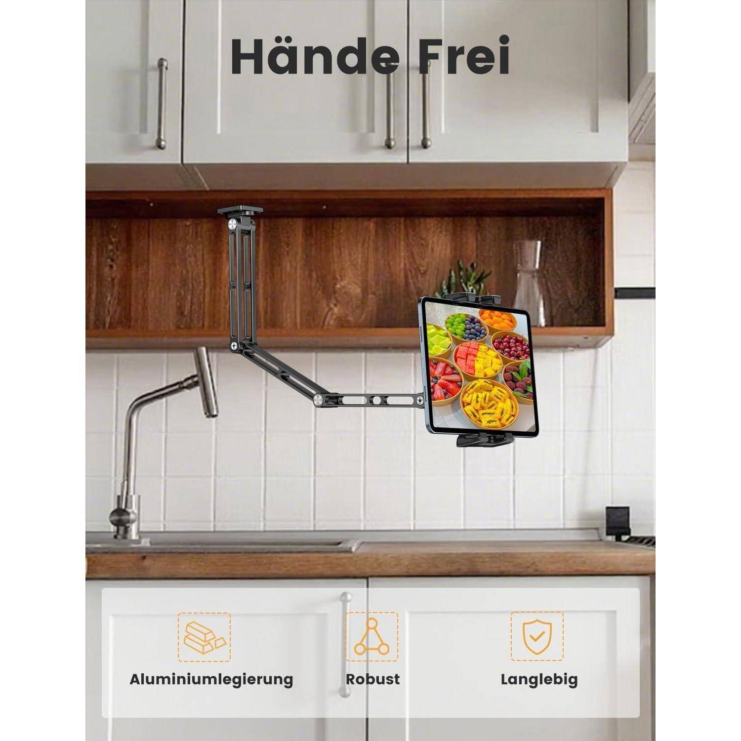 Tablet-Halter für die Küche, der über dem Spülbecken an einem Gelenkarm montiert ist und ein Tablet mit farbenfrohem Lebensmittelbild sowie deutschen Etiketten für Aluminium, robust und langlebig zeigt.