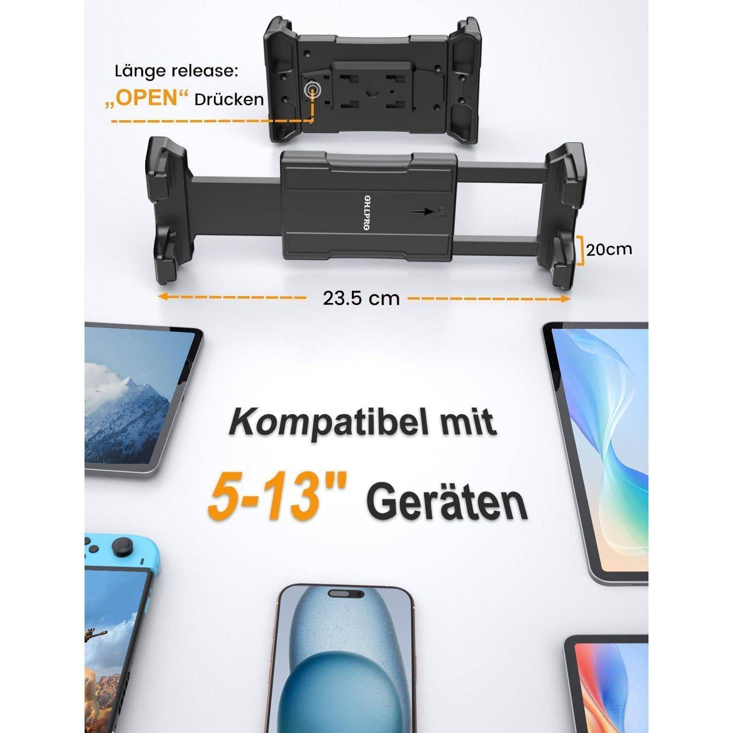 Verstellbarer Kfz-Tablet-Halter mit 23,5 cm Breite und 20 cm Höhe, 'OPEN'-Freigabetaste, kompatibel mit 5-13 Zoll Geräten.