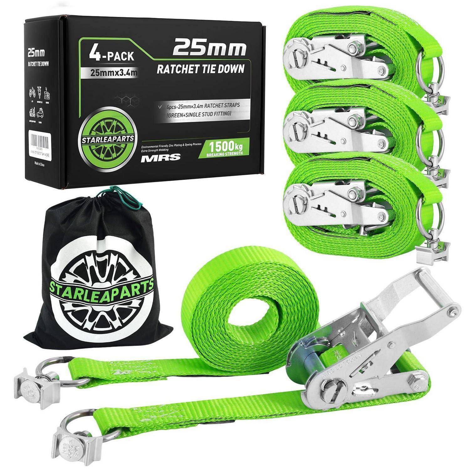 Produktbild eines 4er-Sets von 25mm Ratschenverschluss-Spanngurten, leuchtendes Grün mit Metallratschenverschlüssen, abgebildet mit Verpackung und Aufbewahrungstasche.
