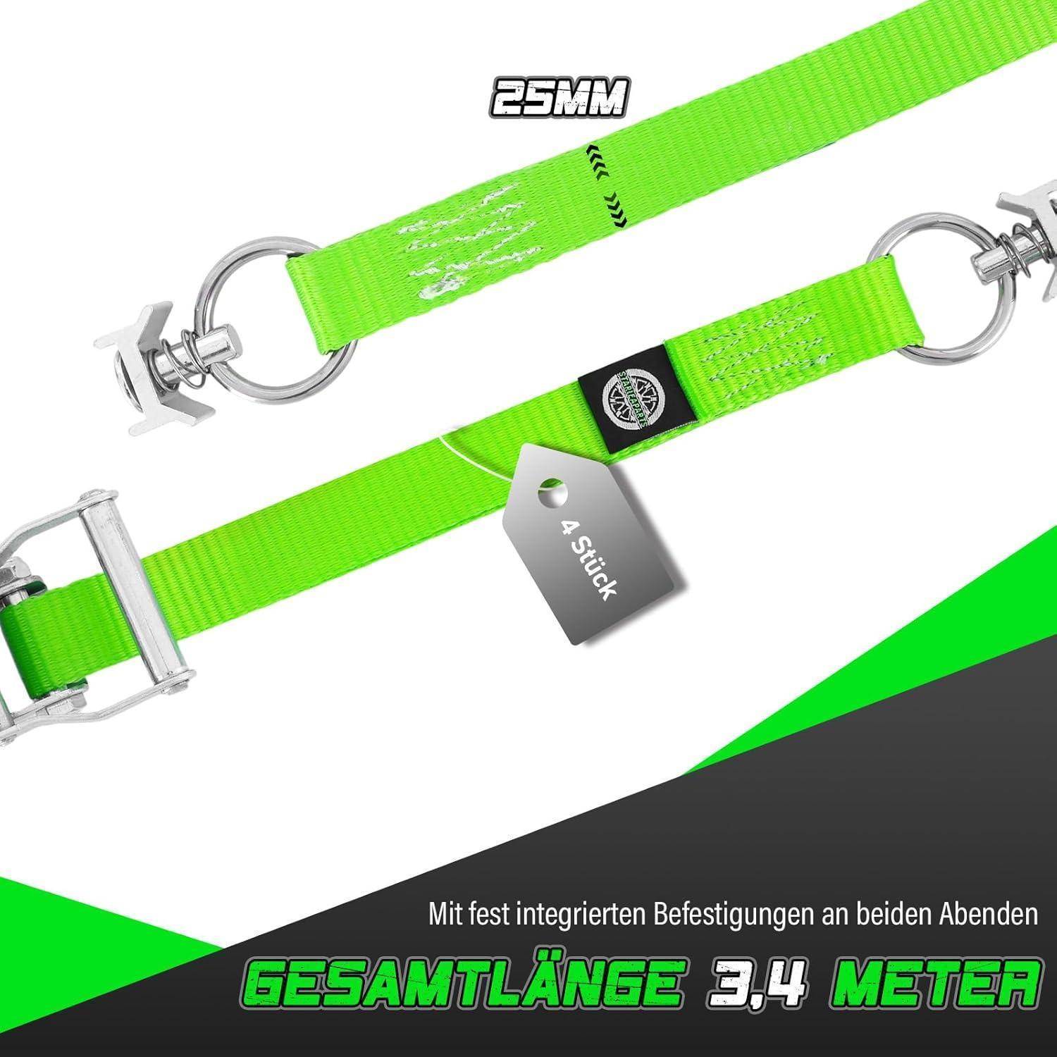 Produktabbildung eines leuchtend grünen 25-mm-Ratschengurts mit Metallhaken und Schnalle, mit der Aufschrift „4 Stick
