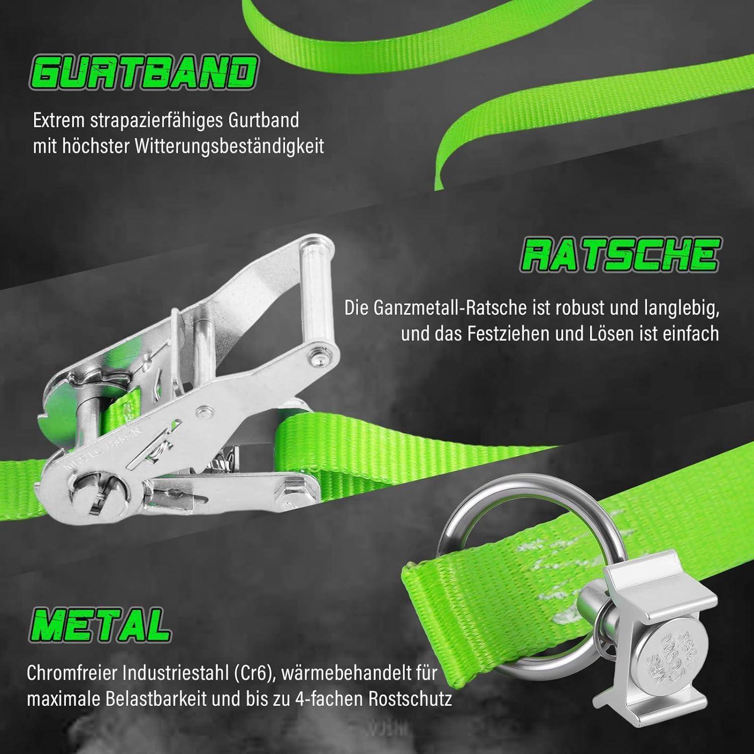 Werbegrafik mit grünen Sicherungsgurten und Metallratschenverschlüssen; deutscher Text hebt langlebiges, wetterbeständiges Gurtband, robuste Metallratsche und chromfreien Stahlhaken für Festigkeit und Rostschutz hervor.