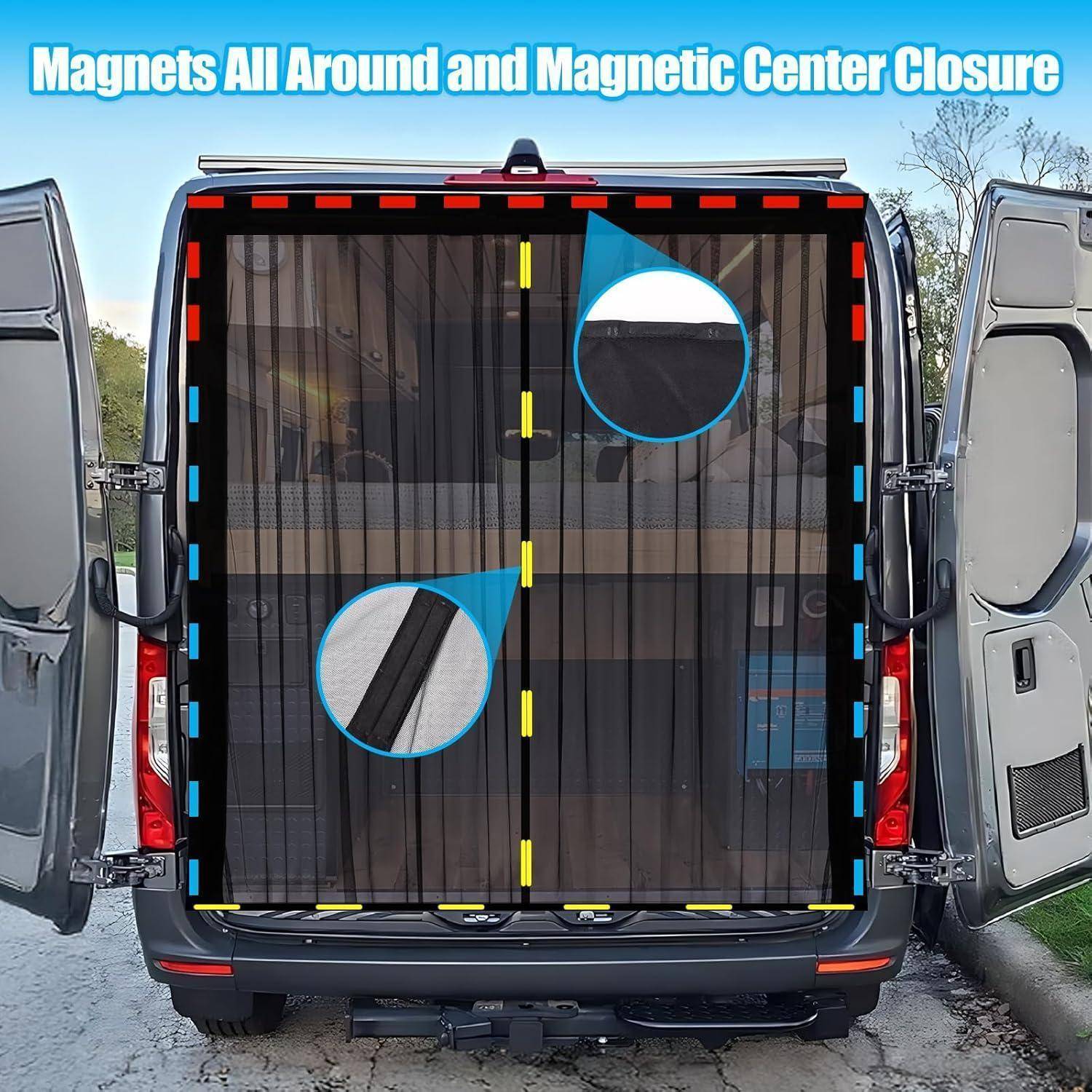 Rückansicht eines Transporters mit beiden offenen Türen, die ein magnetisches Insektenschutzgitter zeigen; der Text besagt 