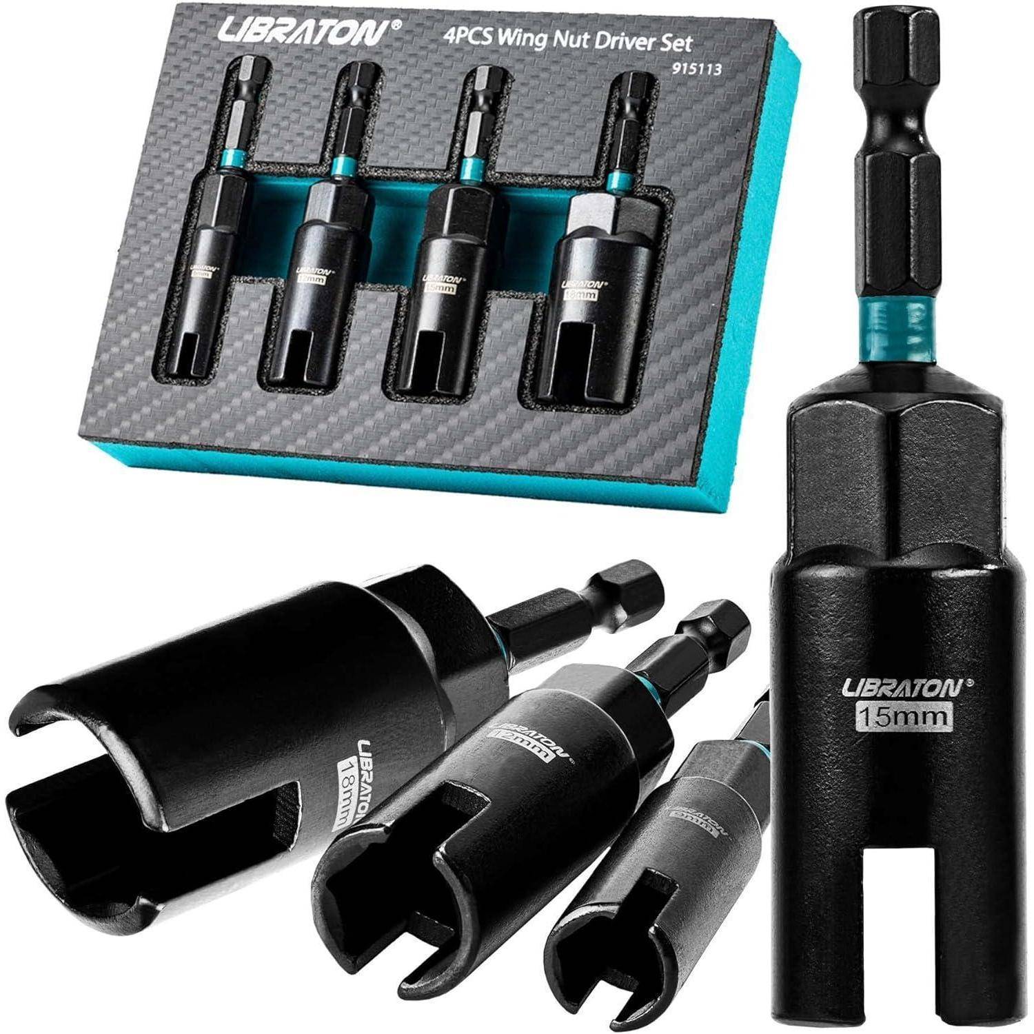 Libraton Flügelmutterndreher 4PCS, Flügelmutter-Schraubendreher-Bit, Hakendreher 9mm 12mm 15mm 18mm, mit EVA-Aufbewahrung für Hakenbolzenmontage,