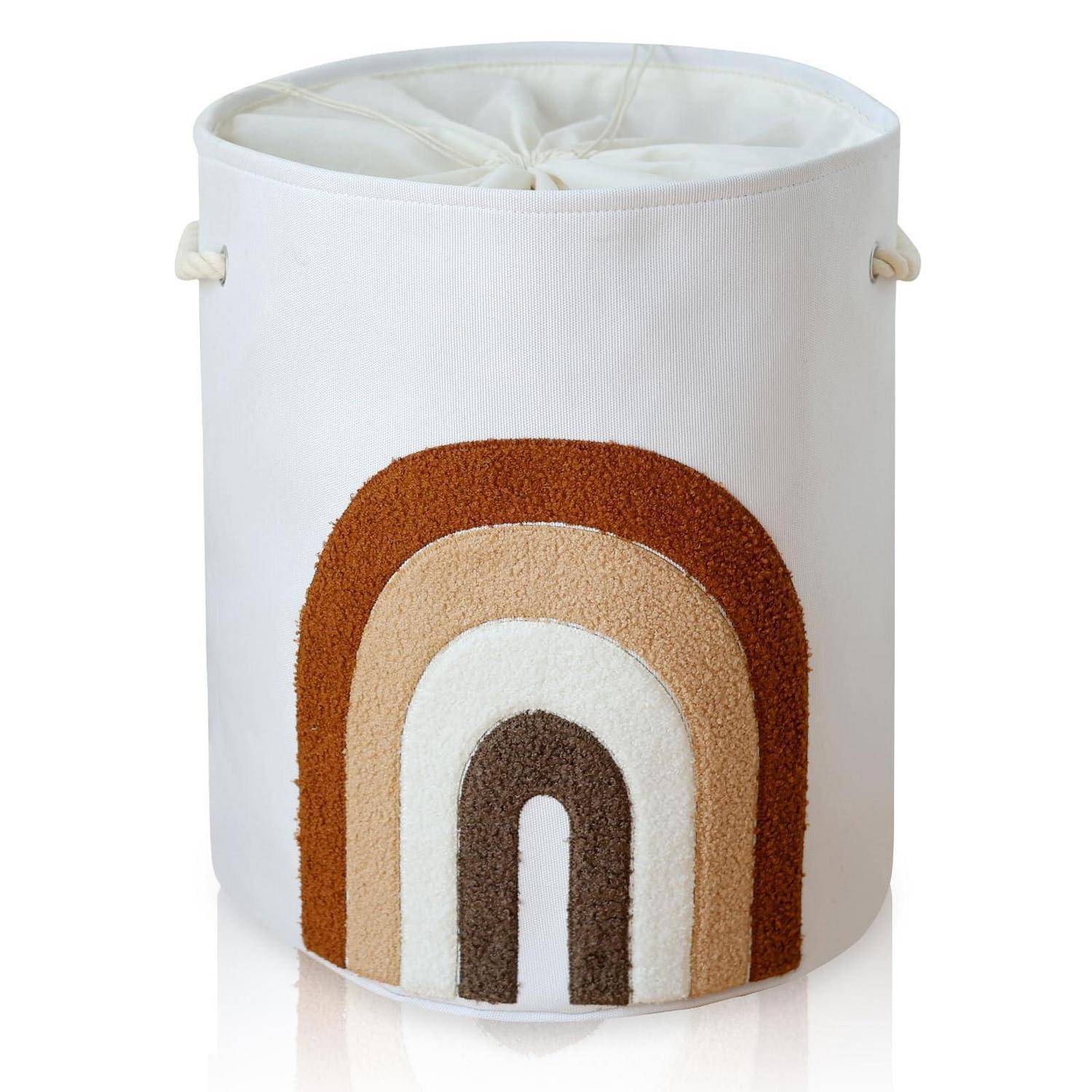 Weißer Stoffkorb zur Aufbewahrung mit einem Regenbogenbogen-Design in Braun, Beige und Weiß auf der Vorderseite.