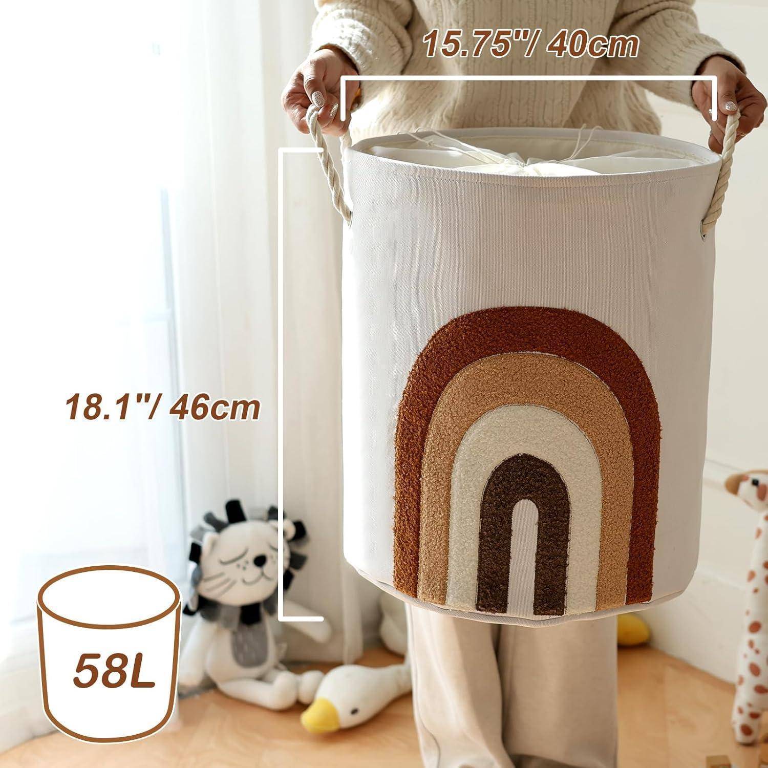 Stoff-Aufbewahrungskorb mit Regenbogendesign, Bezeichnung 58L, Maße 15,75 Zoll Breite x 18,1 Zoll Höhe.
