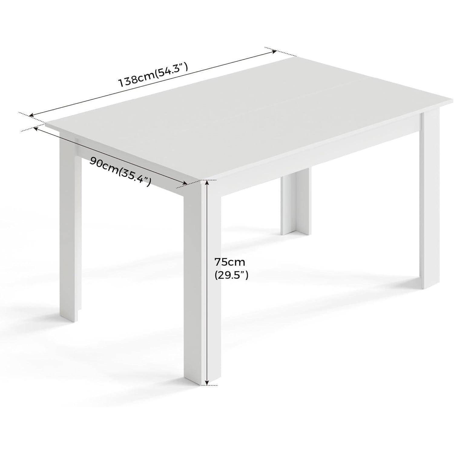 Weißer rechteckiger Esstisch in Perspektive dargestellt mit den Maßen 138 cm Länge, 90 cm Breite und 75 cm Höhe.