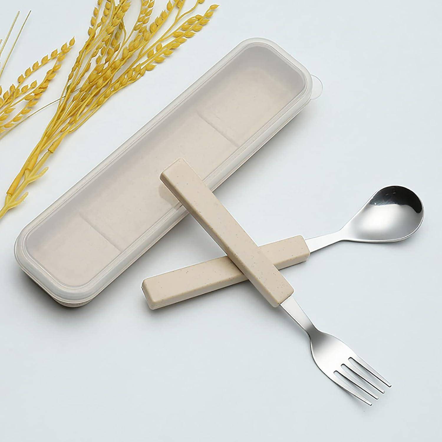 VANRA Kinderbesteck Set 2-teilig 18/10 Kinderbesteck Edelstahl Besteck Kinder Löffel Gabel Set mit Reiseetui für Kinder(Chrome Finished) Creme