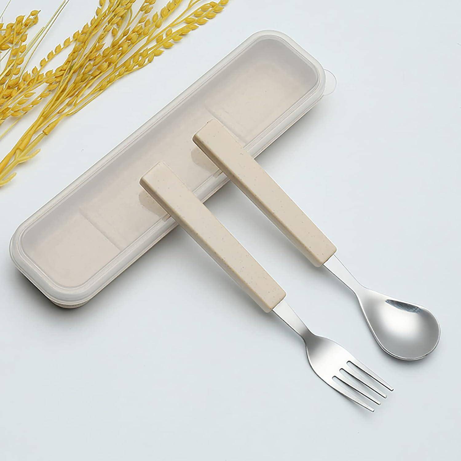 VANRA Kinderbesteck Set 2-teilig 18/10 Kinderbesteck Edelstahl Besteck Kinder Löffel Gabel Set mit Reiseetui für Kinder(Chrome Finished) Creme
