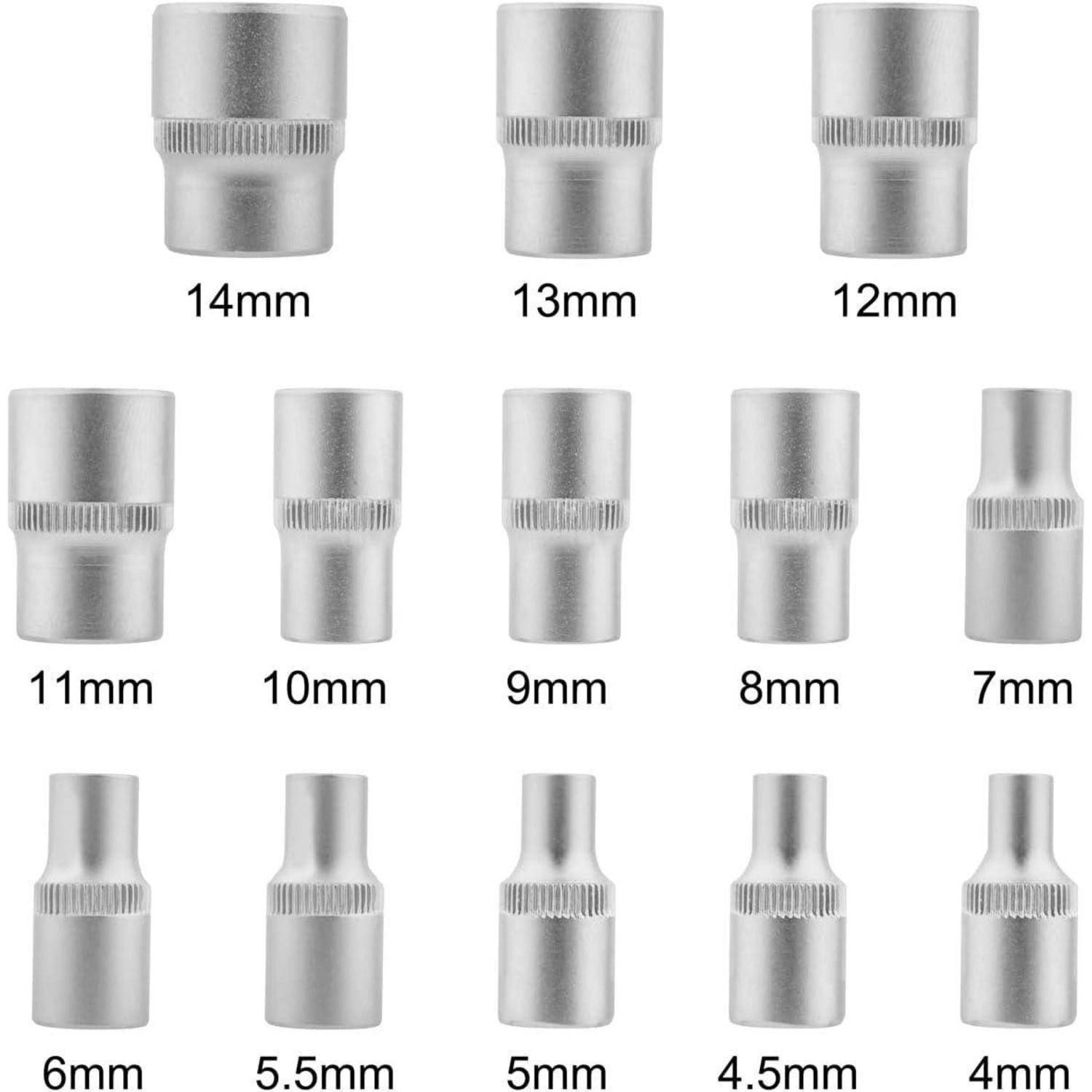 Bild zeigt Steckschlüssel-Adapter/Größen mit den Bezeichnungen 14mm, 13mm, 12mm, 11mm, 10mm, 9mm, 8mm, 7mm, 6mm, 5.5mm, 5mm, 4.5mm und 4mm.