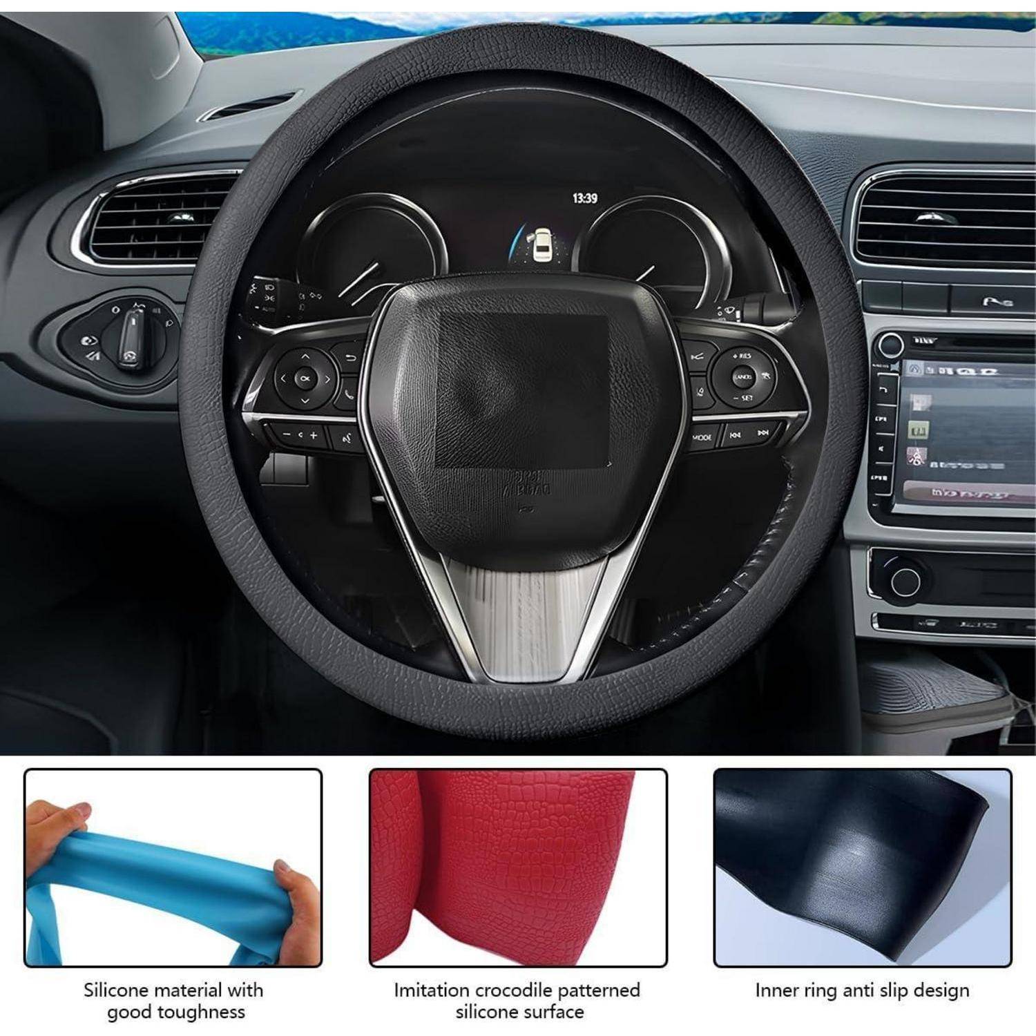 Autoinnengestion mit Lenkrad und Armaturenbrett; darunter zeigen drei Musterproben Silikon-Zähigkeit, Krokodil-Muster-Textur und rutschfestes Design des inneren Rings.