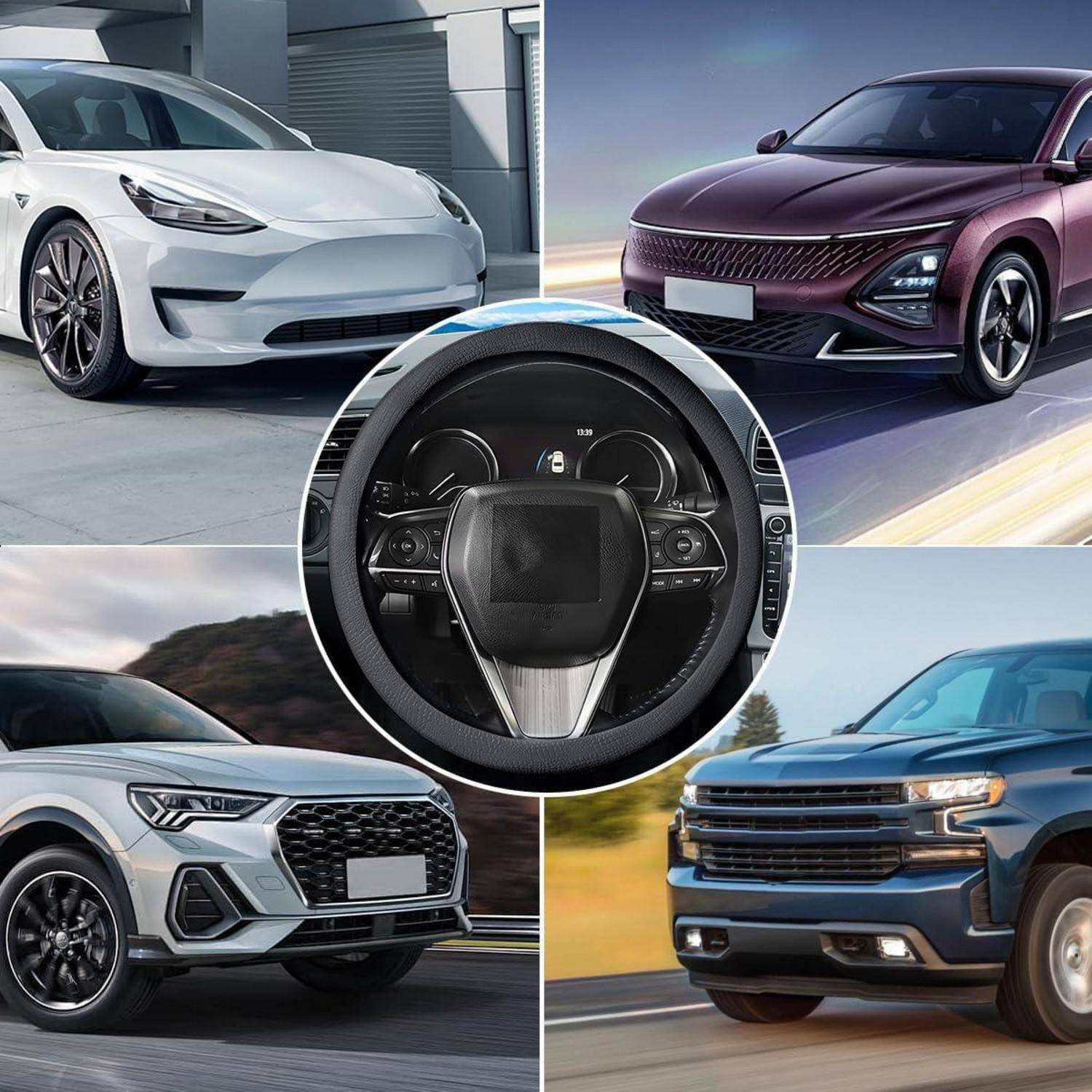 Collage aus vier modernen Fahrzeugen um ein zentrales Autolenkrad und Dashboard herum, das Autoentwürfe von außen und innen zeigt.