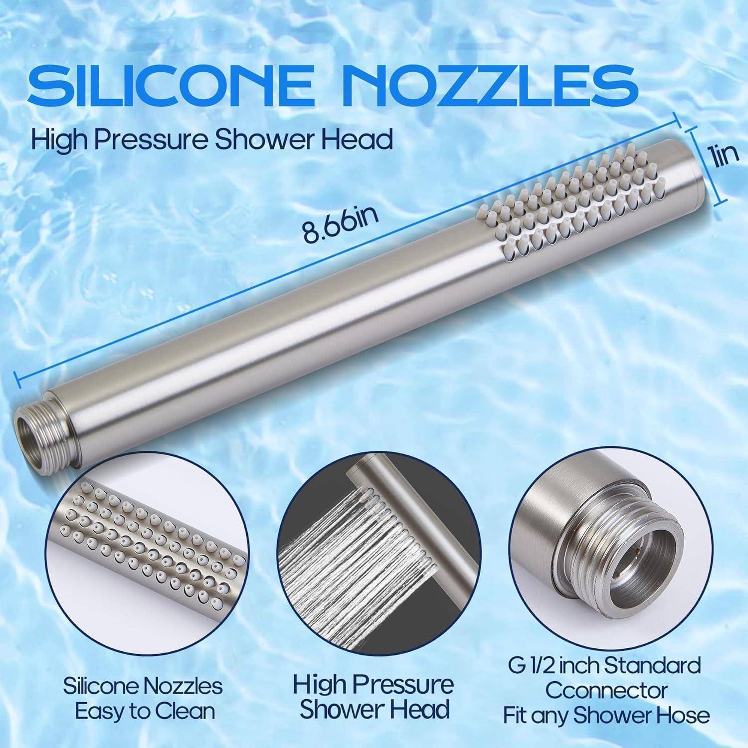 Produktbild eines silbernen Hochdruck-Duschkopfs mit Silikonüsen, mit einer Länge von 8,66 Zoll und einer Breite von 1 Zoll, die leicht zu reinigenden Düsen und einen G 1/2-Zoll-Anschluss zeigt, der mit Standard-Schläuchen kompatibel ist.