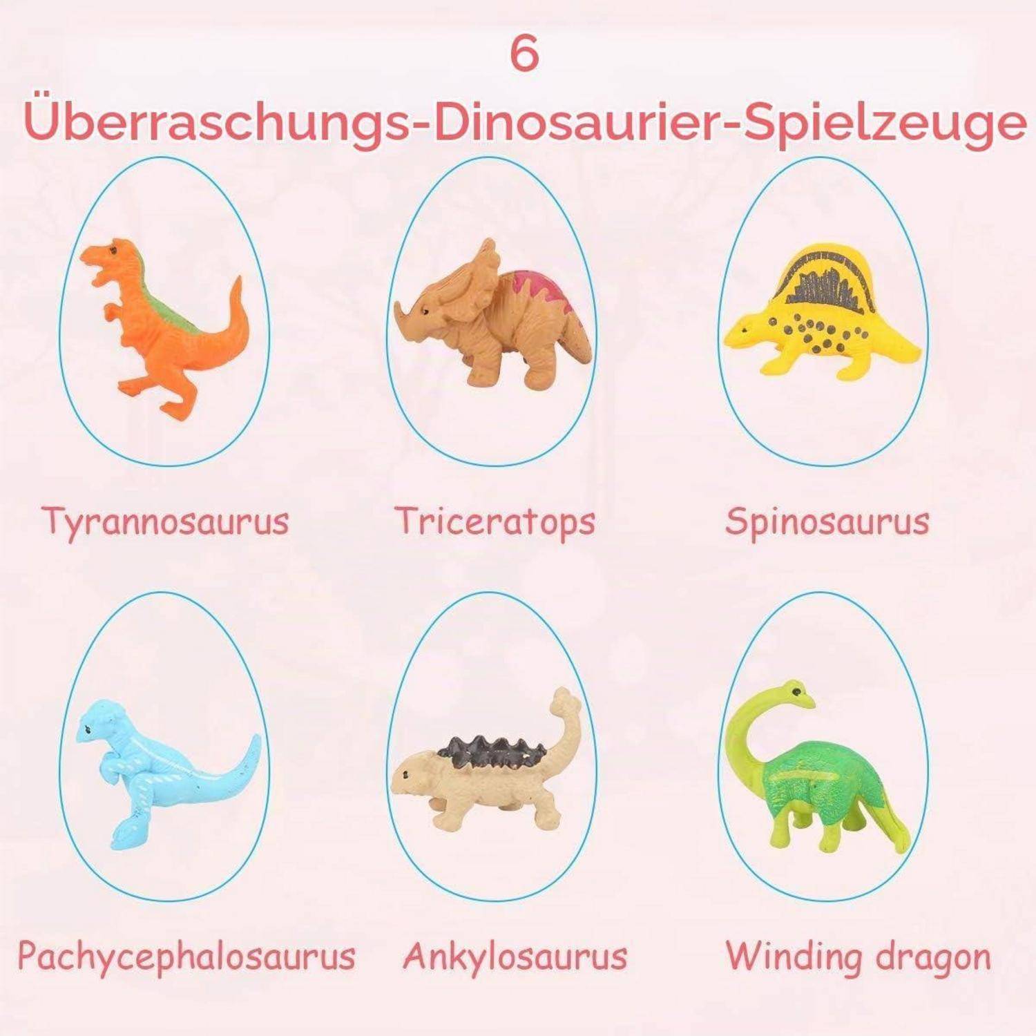 Illustrierte Seite mit dem Titel „6 Überraschungs-Dinosaurier-Spielzeuge