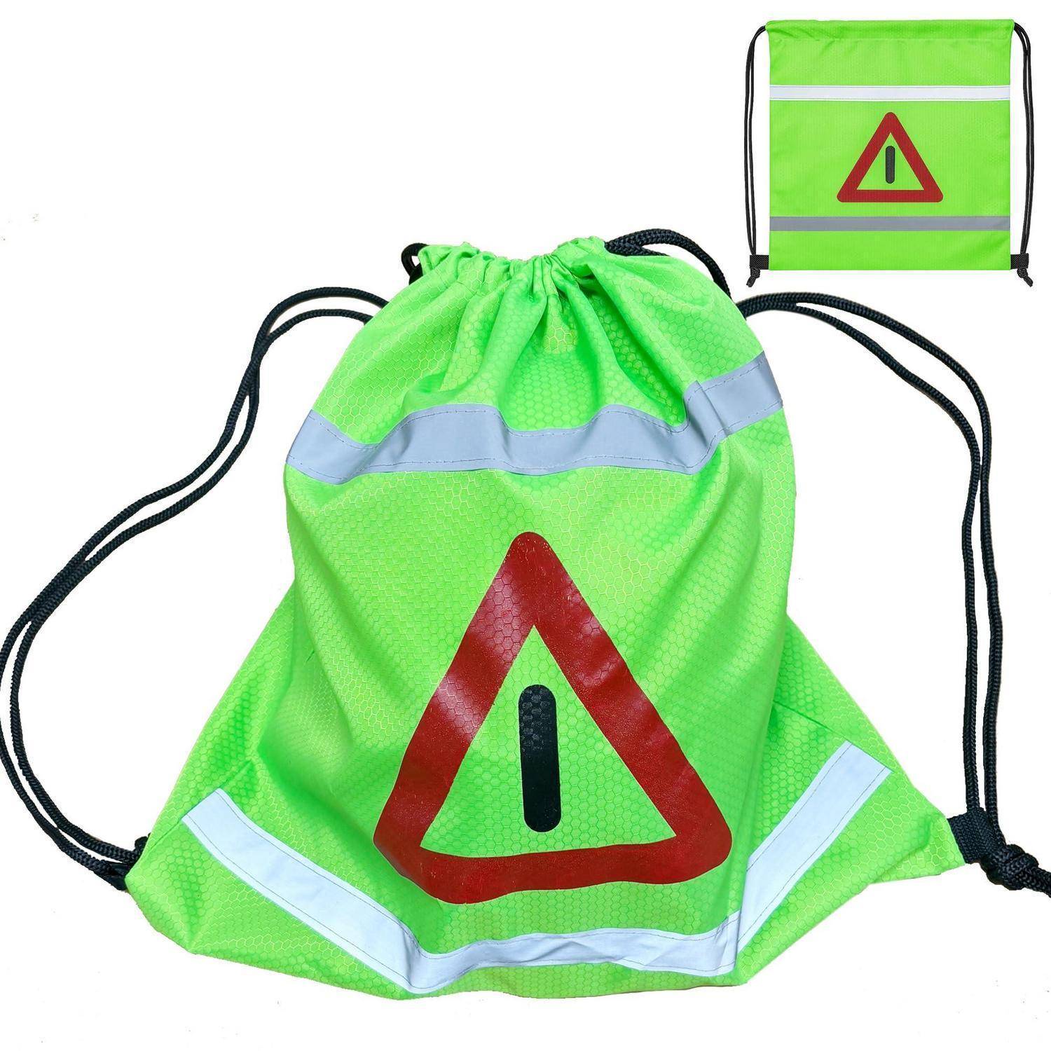 Hellgrüne Sicherheitstasche mit Kordelzug mit reflektierenden Streifen und rotem Warndreiecksymbol, dargestellt mit einer kleinen gefalteten Ansicht in der Ecke.