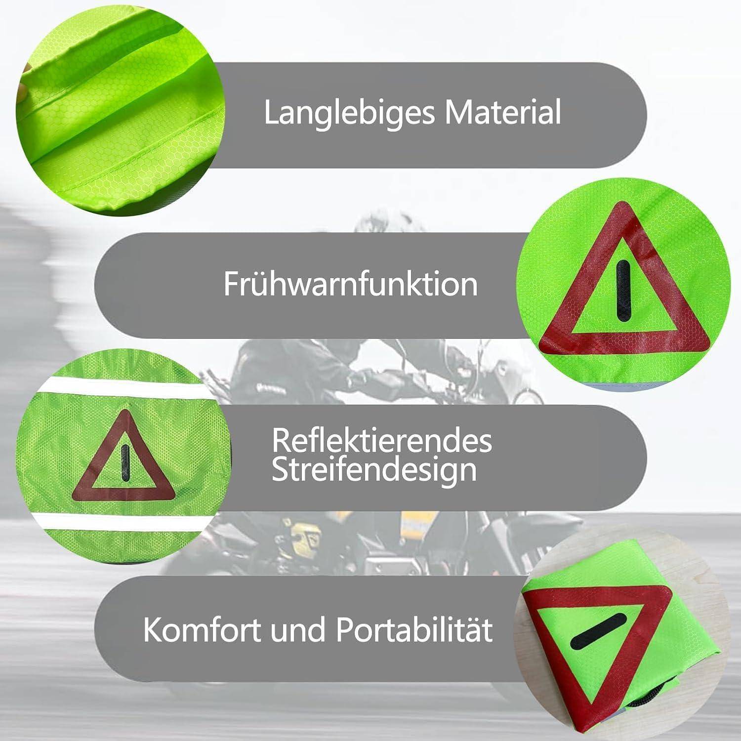 Infografik, die die Merkmale einer leuchtend grünen reflektierenden Sicherheitsweste hervorhebt: strapazierfähiges Material, Frühwarnfunktion, reflektierendes Streifendesign und Komfort sowie Tragbarkeit.