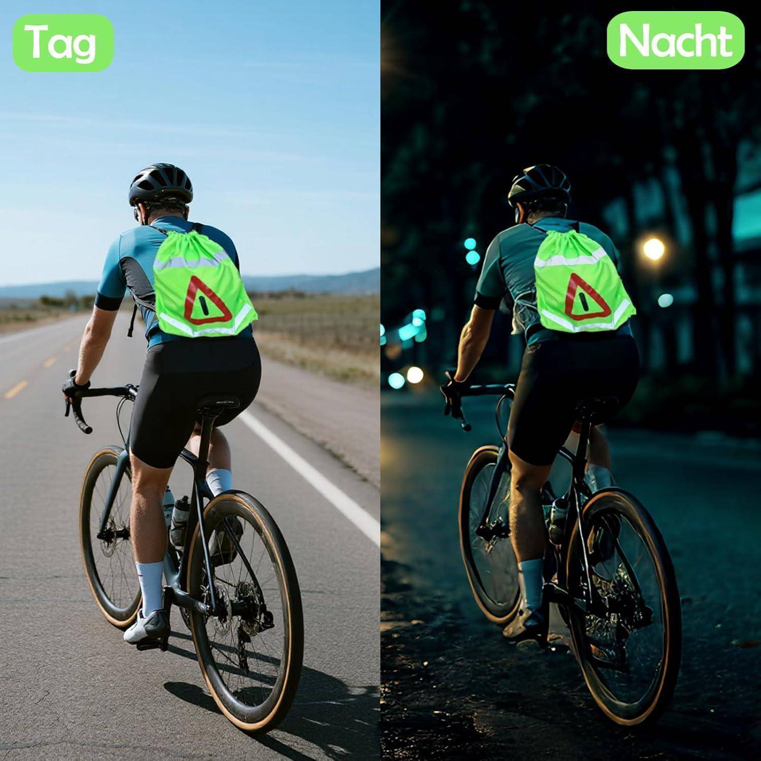 Geteiltes Bild eines Radfahrers mit reflektivem Rucksack auf einer Straße, mit "Tag"" bei Tageslicht und ""Nacht"" bei Nacht beschriftet, das zeigt die Sichtbarkeit bei unterschiedlichen Lichtverhältnissen.