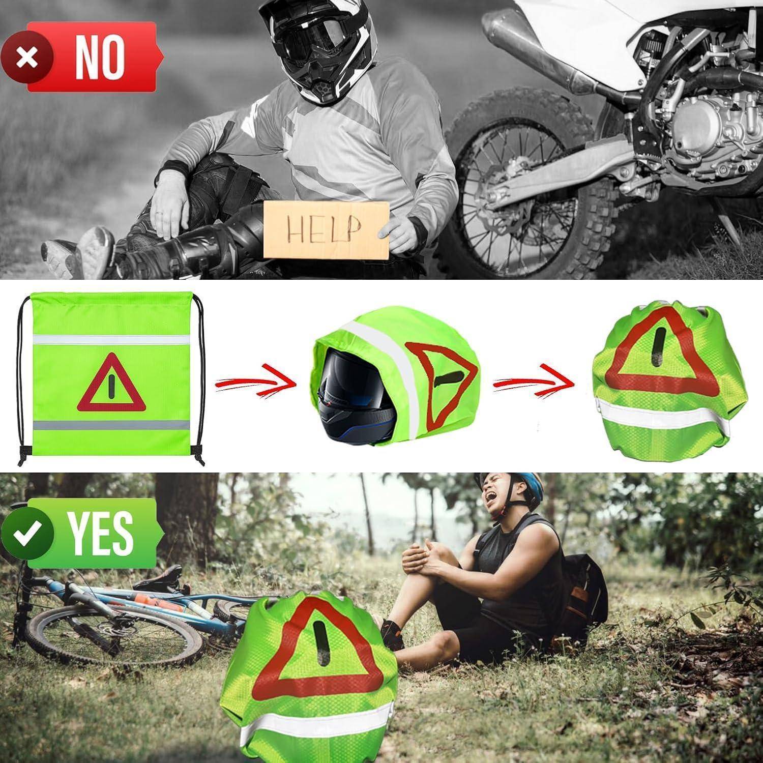 Grafik zur Umwandlung einer Sicherheitsweste: Ein gefährdeter Fahrer ist mit „NEIN" gekennzeichnet; eine reflektierende Weste wird zu einer Helmabdeckung mit Warnsymbol; ein verletzter Radfahrer ist mit „JA"" gekennzeichnet.