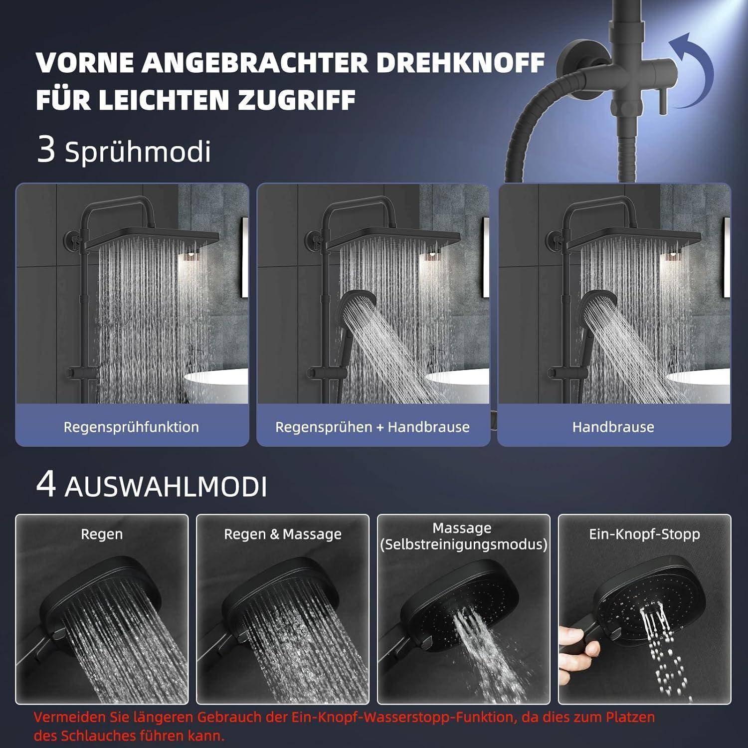 Hibbent Selbstreinigender Regenduschkopf-Set mit Edelstahl-Duschstange, 4-Wege Handbrause, höhenverstellbar, ohne Mischer, Messing-Diverter