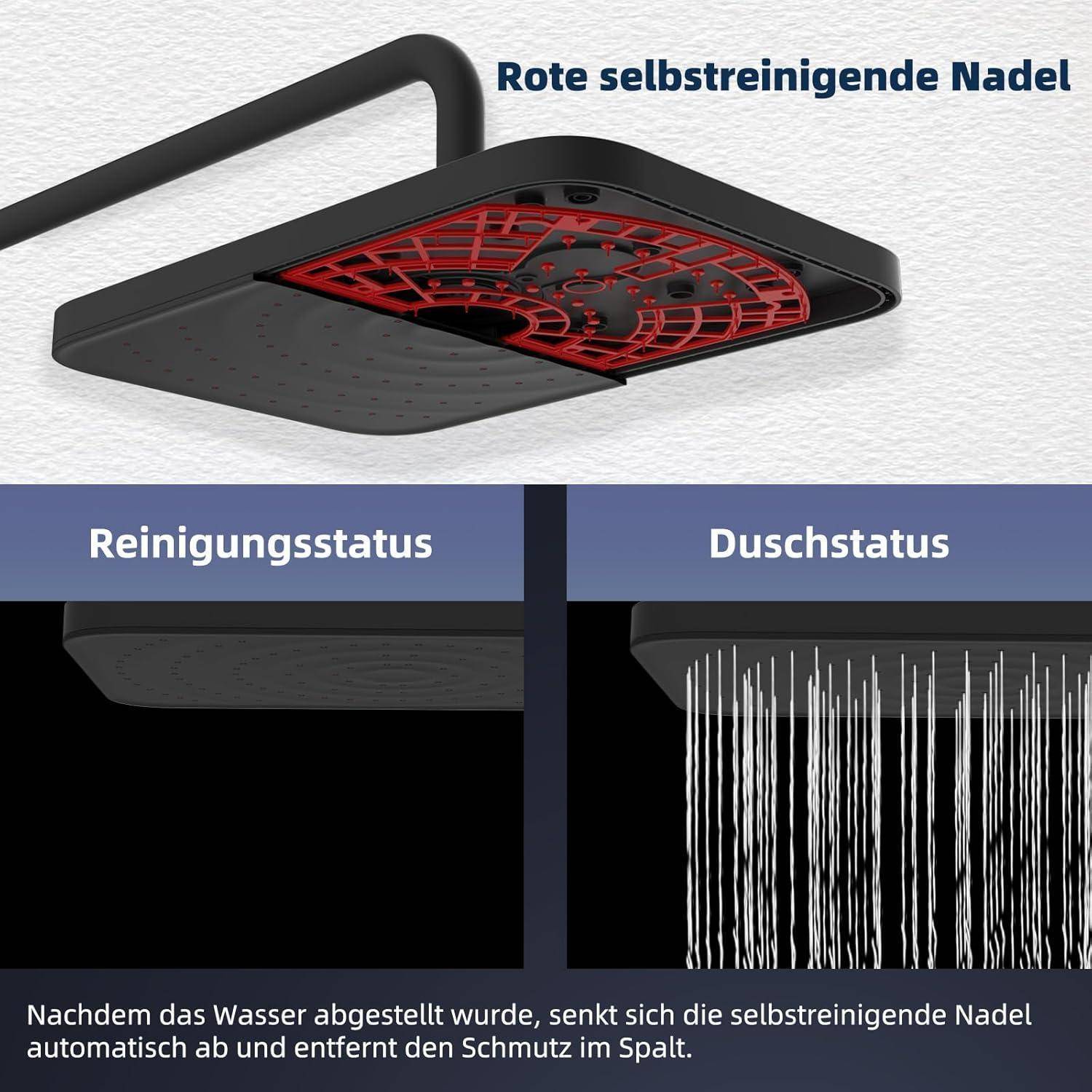 Hibbent Selbstreinigender Regenduschkopf-Set mit Edelstahl-Duschstange, 4-Wege Handbrause, höhenverstellbar, ohne Mischer, Messing-Diverter
