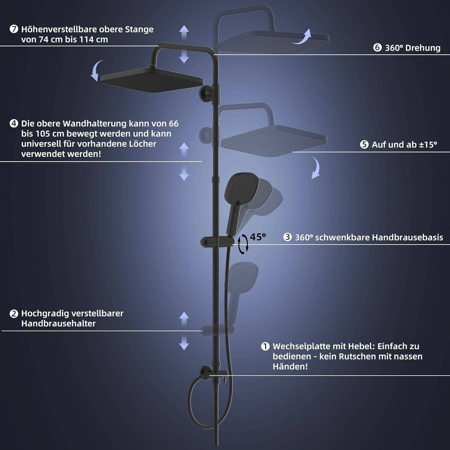 Hibbent Selbstreinigender Regenduschkopf-Set mit Edelstahl-Duschstange, 4-Wege Handbrause, höhenverstellbar, ohne Mischer, Messing-Diverter