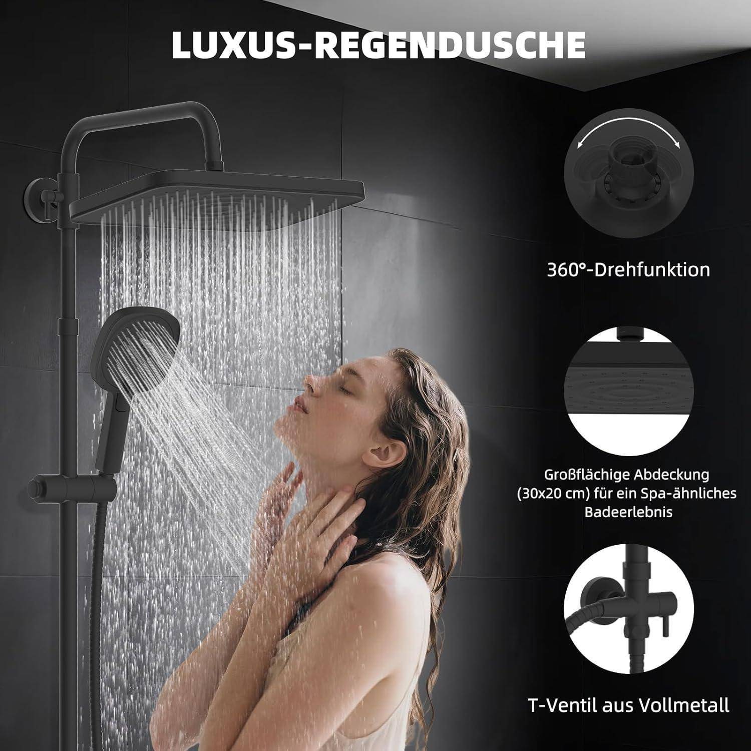 Hibbent Selbstreinigender Regenduschkopf-Set mit Edelstahl-Duschstange, 4-Wege Handbrause, höhenverstellbar, ohne Mischer, Messing-Diverter