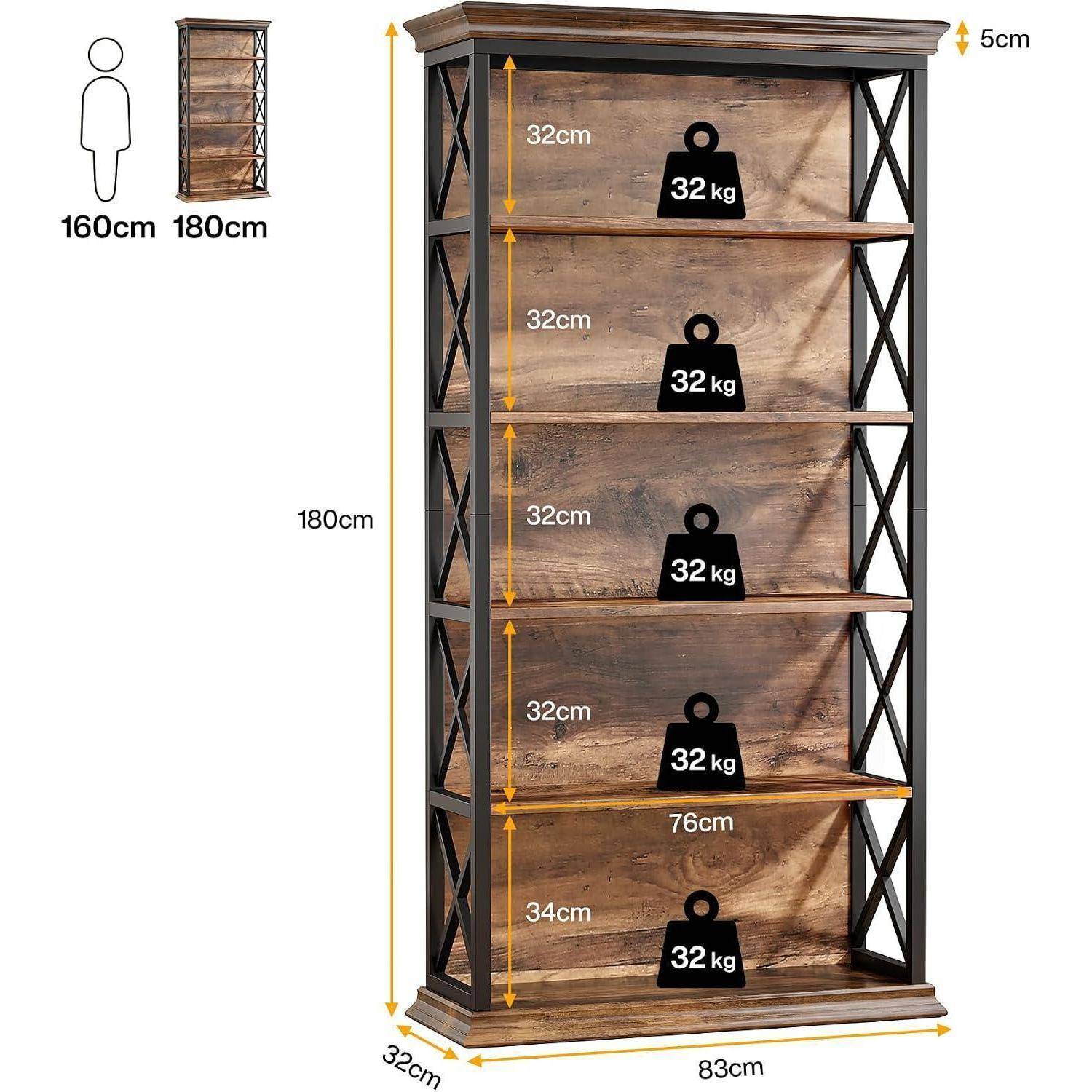 Diagramm einer 180 cm hohen Holzregalanlage mit fünf Regalbrettern, das eine Breite von 83 cm, eine Tiefe von 32 cm, einen Regalabstand von 32 cm, eine Bodenfreiheit von 34 cm und eine Belastbarkeit von 32 kg pro Regal zeigt.