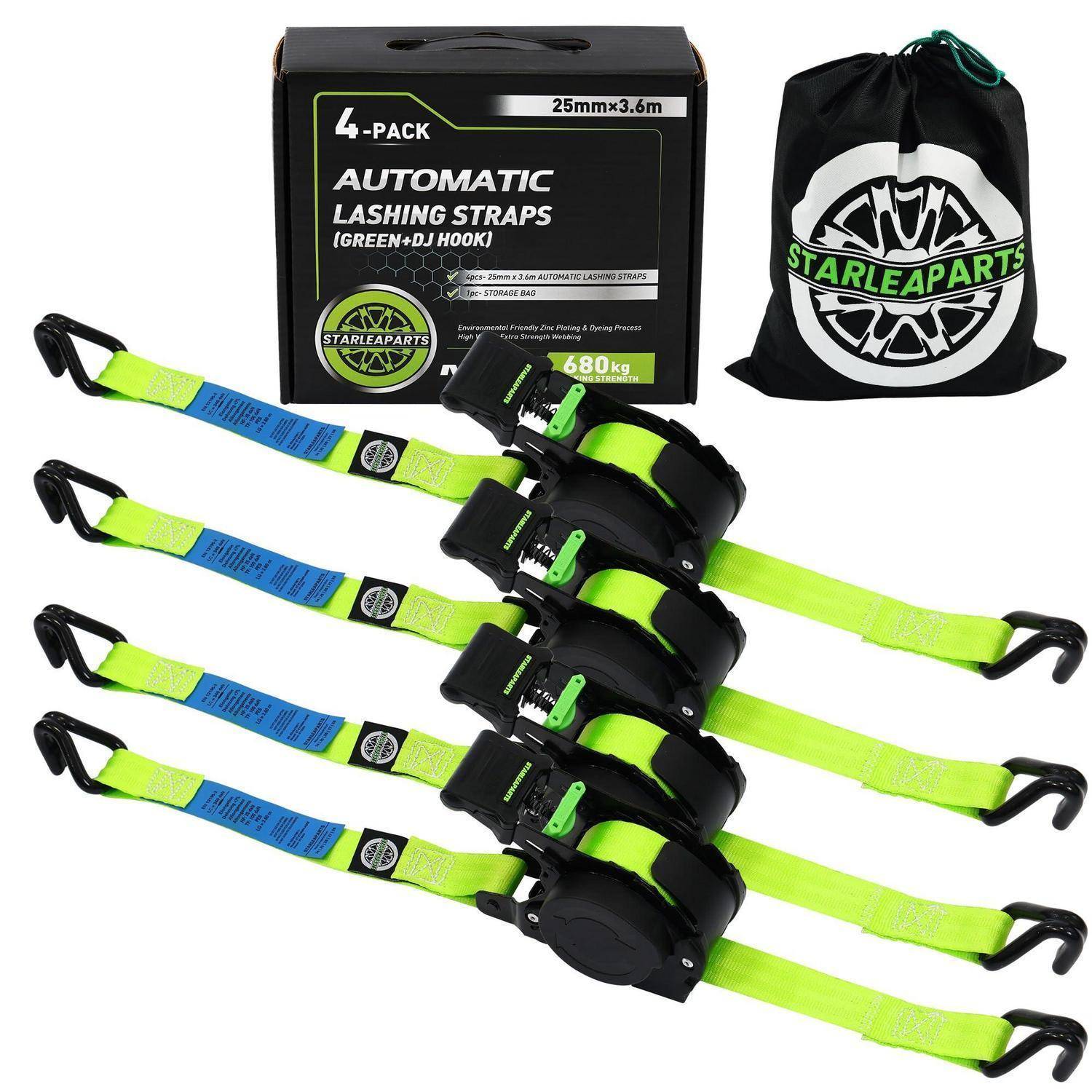 Viererpack automatische Zurrgurte mit grün-blauem Gewebe, schwarzen Ratschenmechanismen, Haken, Kartonverpackung und einer Aufbewahrungstasche.