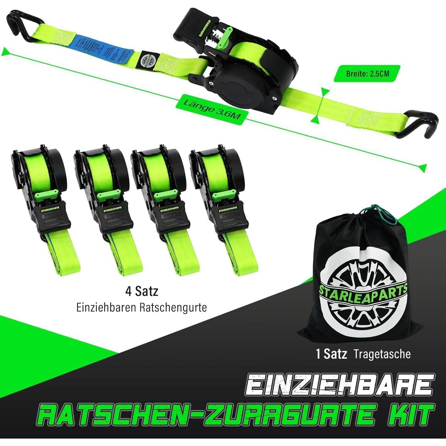 Produktabbildung eines 4-teiligen ausziehbaren Ratschenverschluss-Zurrgurt-Sets mit 3,6 m Länge, 2,5 cm Breite und einer Aufbewahrungstasche.
