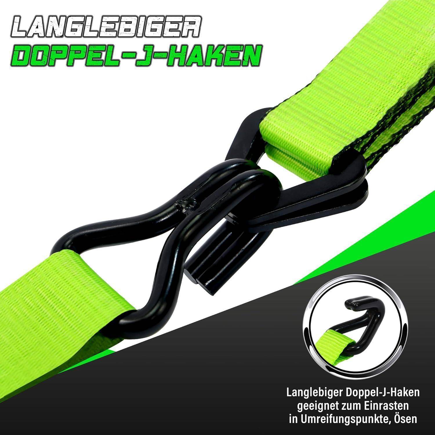 Produktabbildung eines neongrünen Riemens mit einer schwarzen Doppel-J-Haken-Schnalle, beschriftet mit „Langlebiger Doppel-J-Haken
