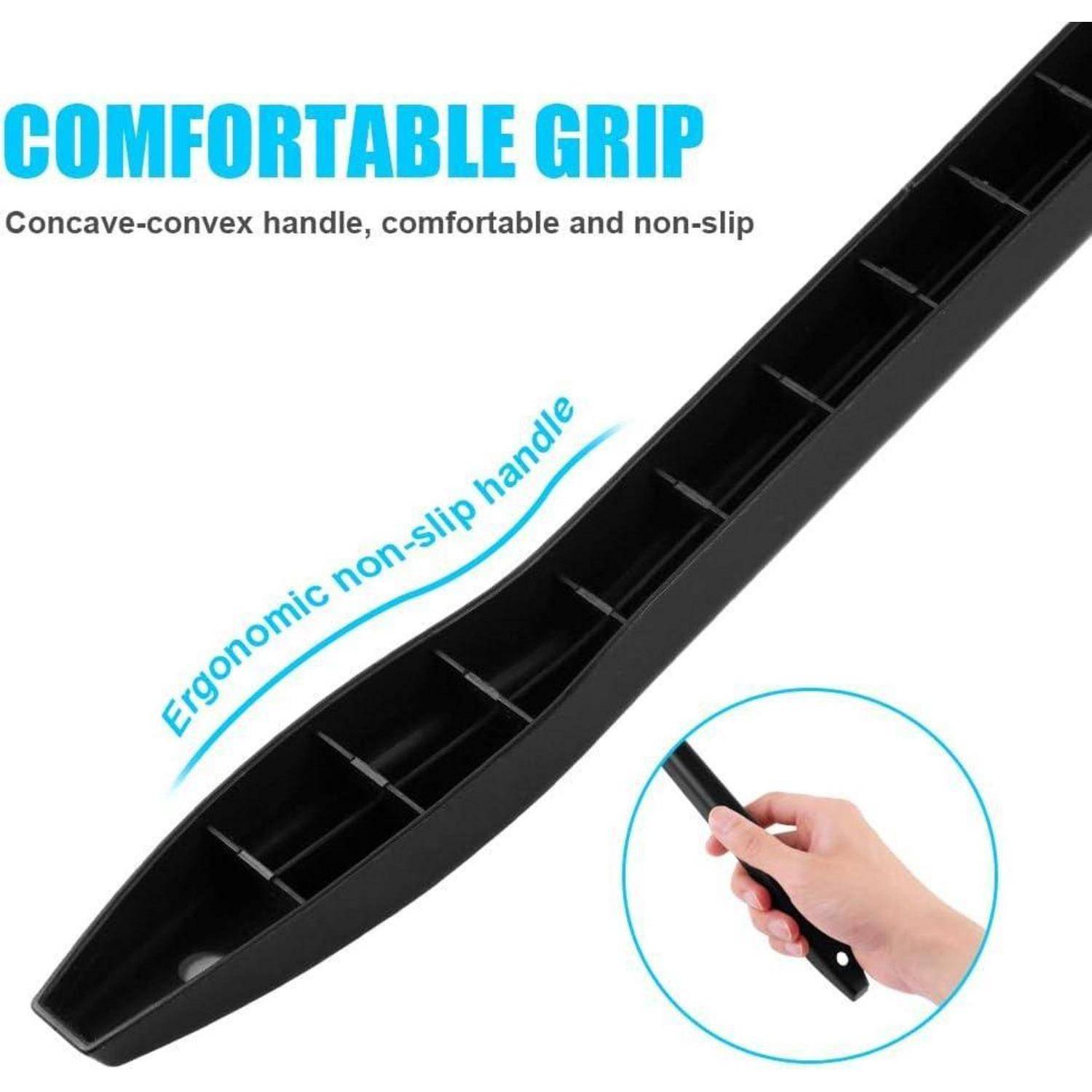 Schwarzer ergonomischer rutschfester Griff mit konkav-konvexer Griffform, gezeigt mit eingefügtem Bild einer Hand, die ihn hält; gekennzeichnet mit „KOMFORTABLER GRIFF