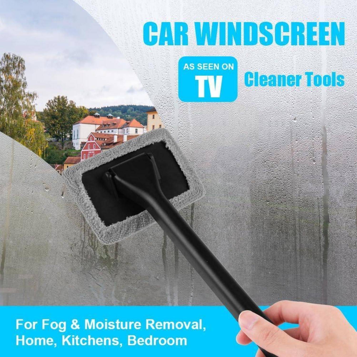 Autoglas-Reiniger wird verwendet, um Beschlag und Feuchtigkeit von einem beschlagenen Fenster zu entfernen, mit dem Text „Wie im Fernsehen gesehen