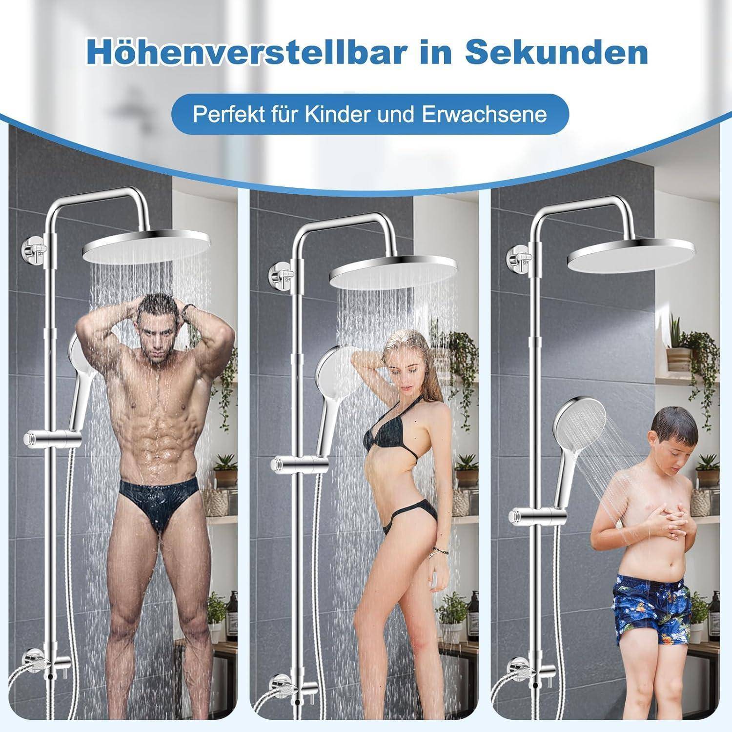Drei Duschszenen zeigen einen in der Höhe verstellbaren Duschkopf für Erwachsene und Kinder; der Text lautet „Höhenverstellbar in Sekunden