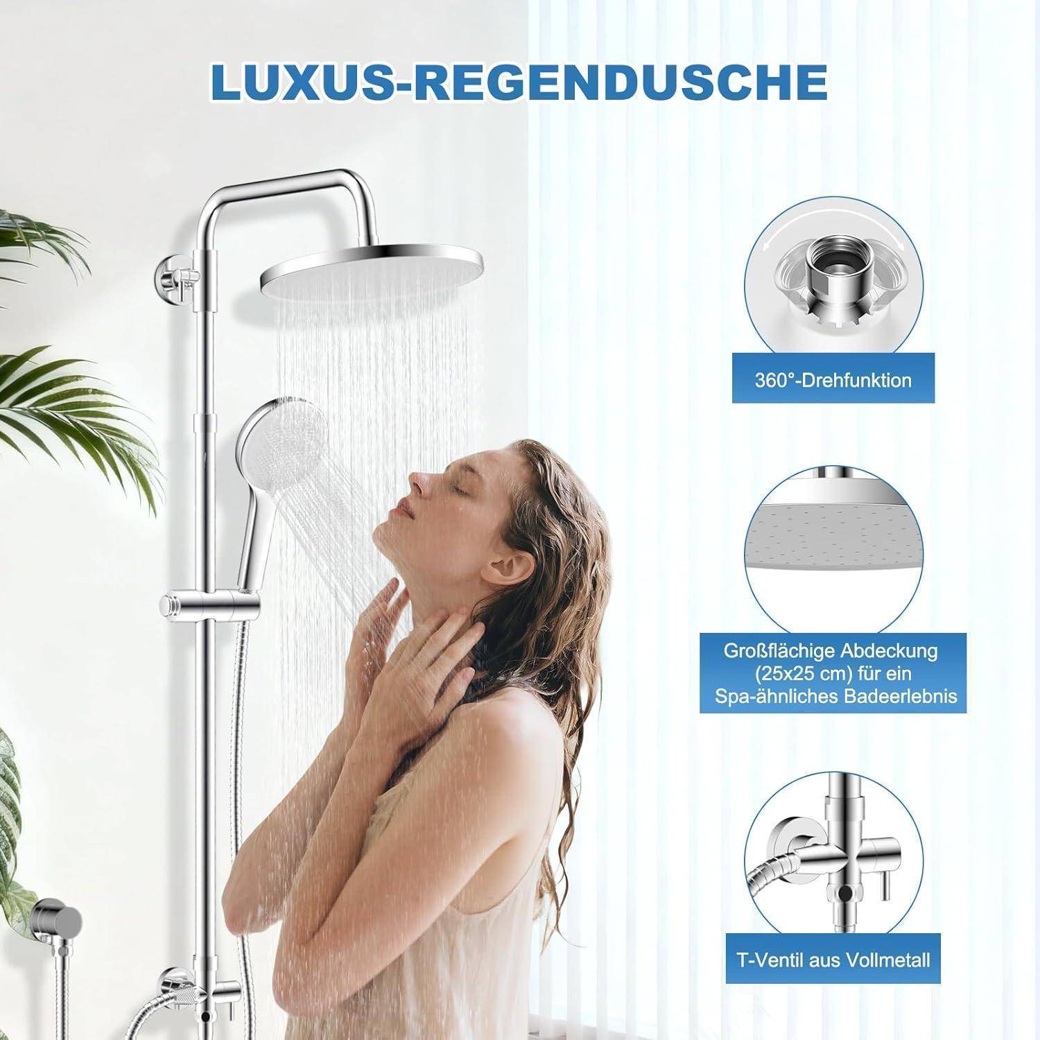 Luxus-Dusche – Anzeige mit einer Frau unter einem Regenduschenbrausekopf mit Produktnahaufnahmen und deutschen Callouts für 360°-Drehung, großer Sprühkopf und Vollmetall-T-Ventil.