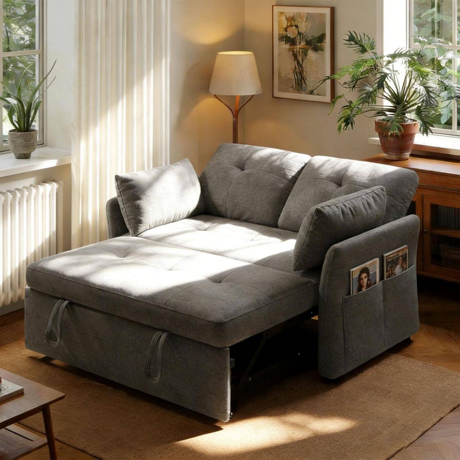 Graues Schlafsofa in einem hellen Wohnzimmer mit Seitentaschen, sonnendurchflutete Fenster, Lampe, Pflanzen und gerahmte Wandkunst.
