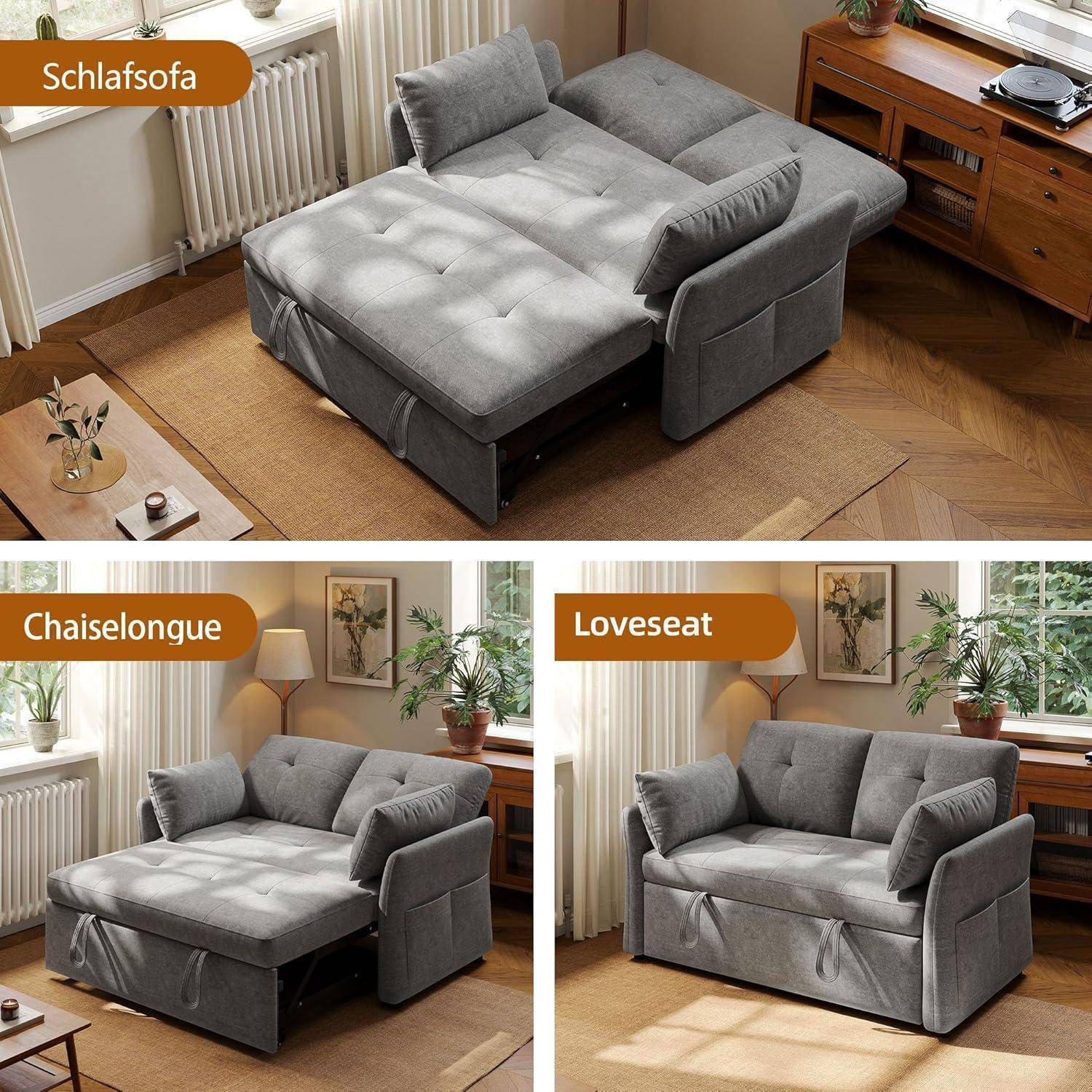 Graues modulares Schlafsofa in drei Konfigurationen dargestellt: Schlafsofa, Chaiselongue und Loveseat in einem hellen Wohnzimmer.