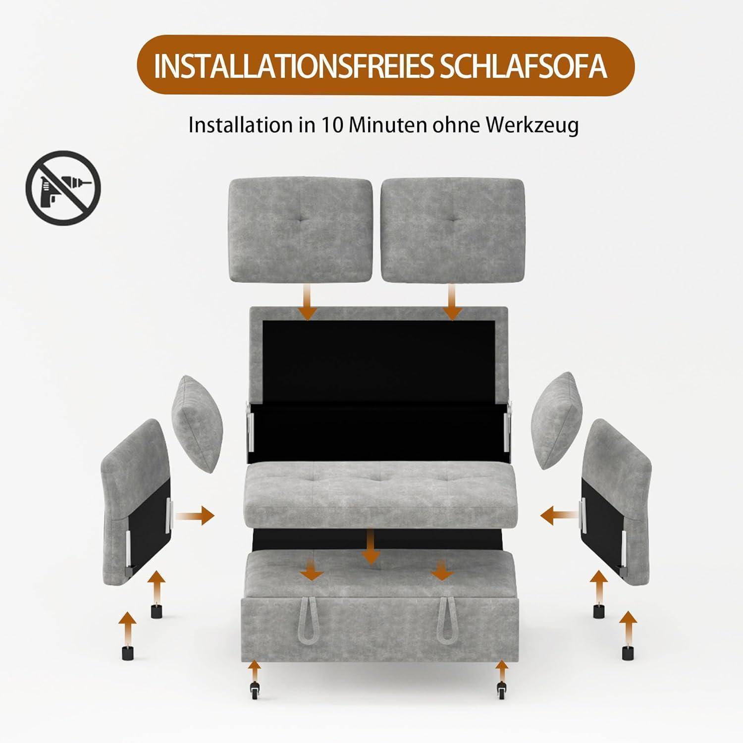 Explodierte Ansicht eines grauen Schlafsofa mit Stauraum und zwei Rückenkissen, mit der Beschriftung 
