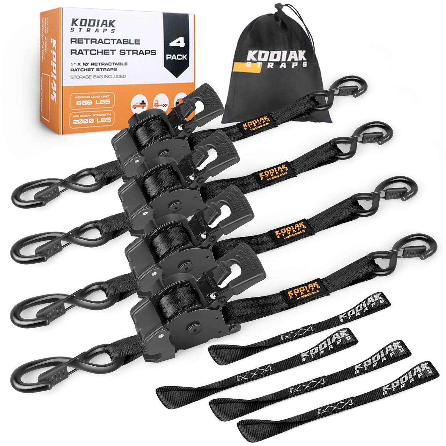 Kodiak Straps 4er-Pack einziehbare Ratschengurte mit Haken, Aufbewahrungstasche und orangefarbener Produktkarton auf weißem Hintergrund dargestellt.