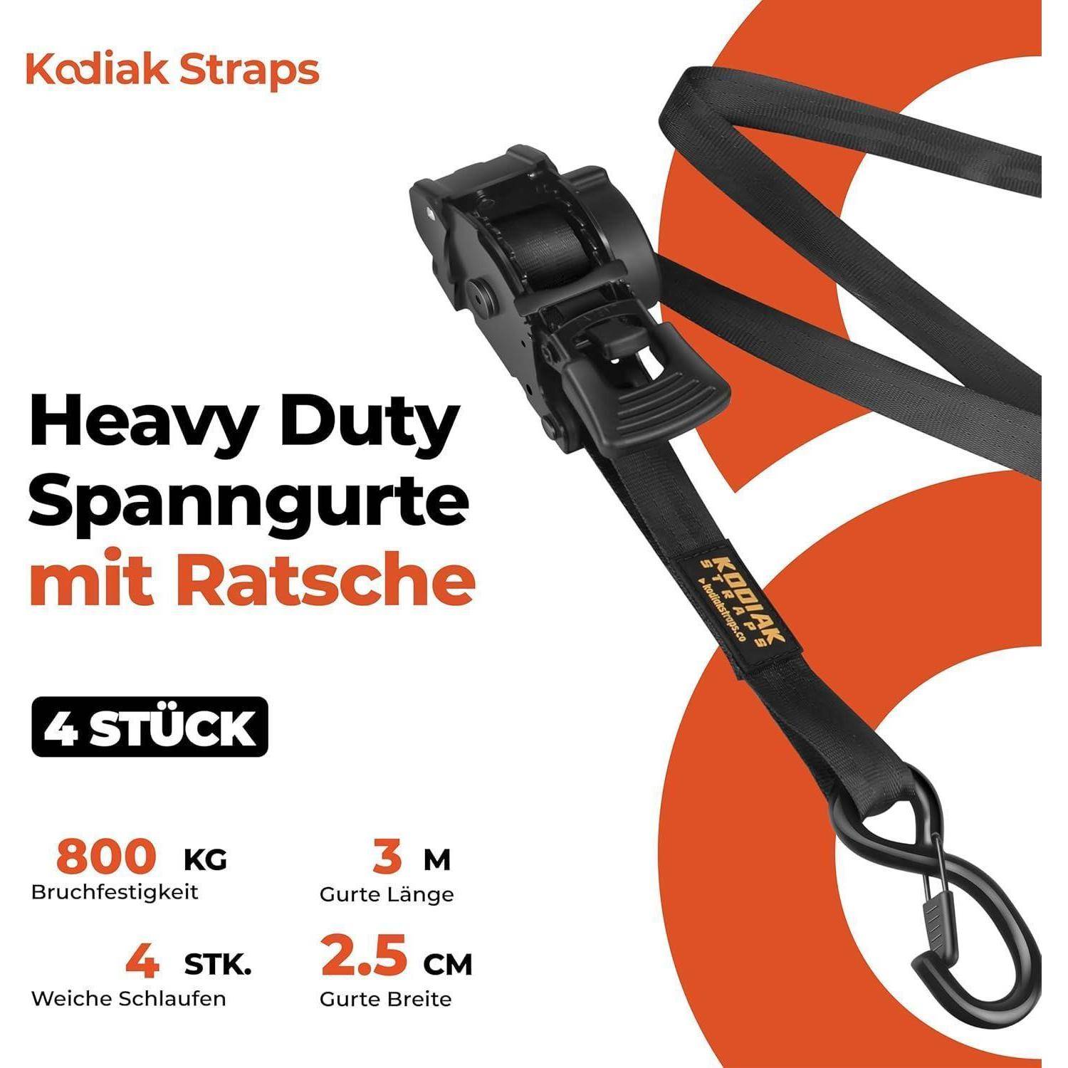 KODIAK STRAPS Automatik Spanngurte 25mm 3m mit S Haken | 800KG Selbstaufrollend Spanngurte mit Ratsche | Zurrgurte mit Ratsche für LKW Anhänger, Mot