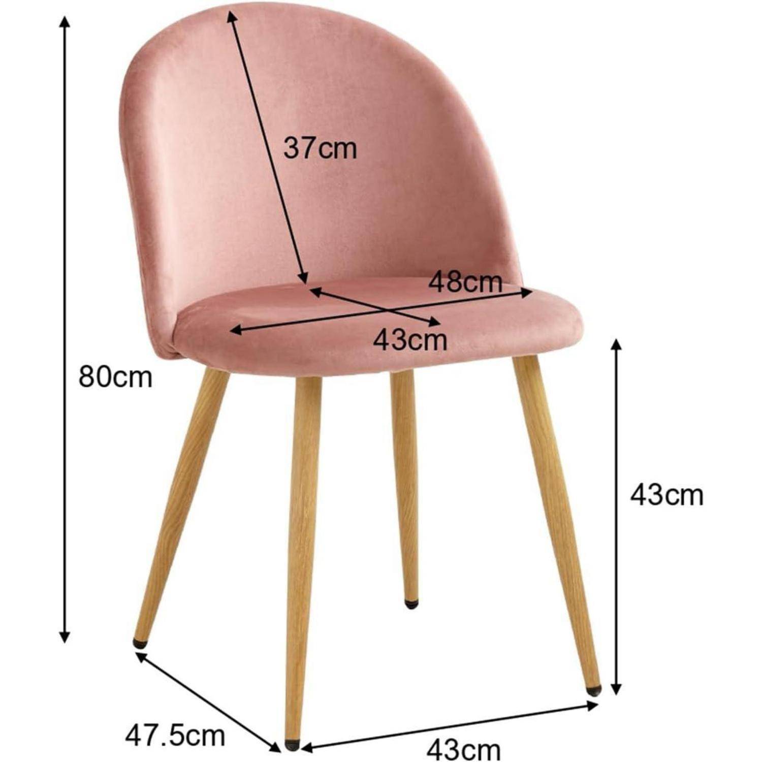 Rosa gepolsterter Stuhl mit Holzbeinen, Abmessungen: 80 cm Höhe, 48 cm Breite, 43 cm Sitztiefe, 43 cm Sitzhöhe, 47,5 cm Beinabstand.