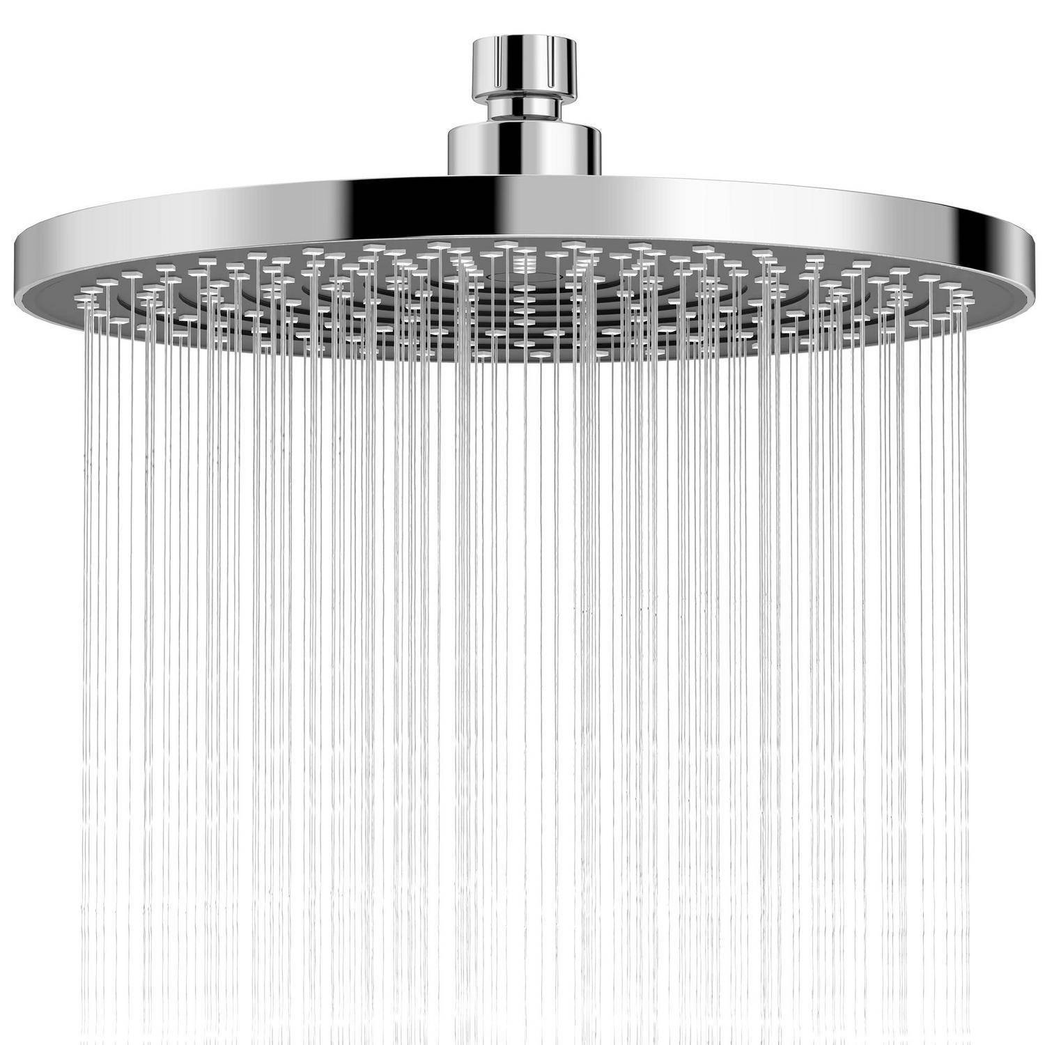 Chrom-Regenduschkopf mit vielen feinen Wasserstrahlen, dargestellt auf weißem Hintergrund.