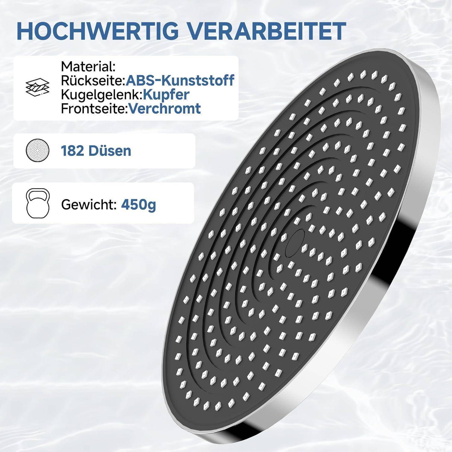 10 Zoll Runder Duschkopf Regendusche,Verstellbarer Kopfbrause Wassersparend mit Anti-Kalk-Düsen,Wassersparender Kopfbrause Groß Einbauduschköpfe，