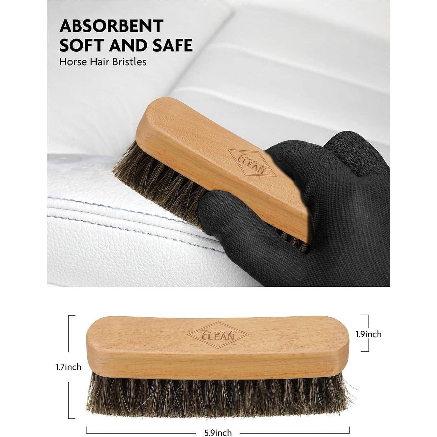 Holzbürste mit Rosshaar und schwarzen Borsten, verwendet auf weißem Leder, mit Größenetiketten von 5,9, 1,7 und 1,9 Zoll.