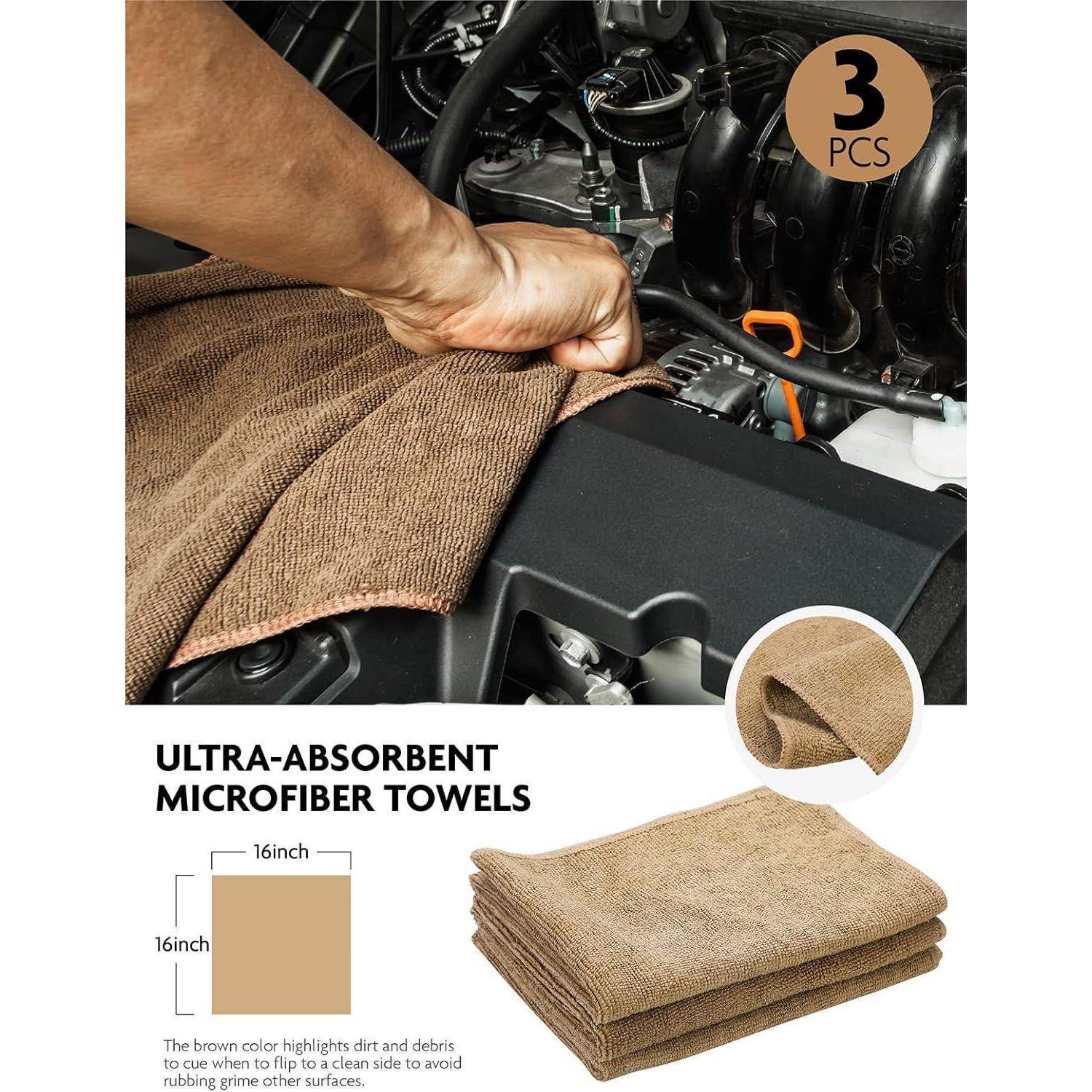 Angebot für ein 3er-Pack ultra-saugfähiger Mikrofasertücher, dargestellt beim Reinigen eines Motorraums; mit Größenangabe von 16 Zoll und gefalteten braunen Tüchern.