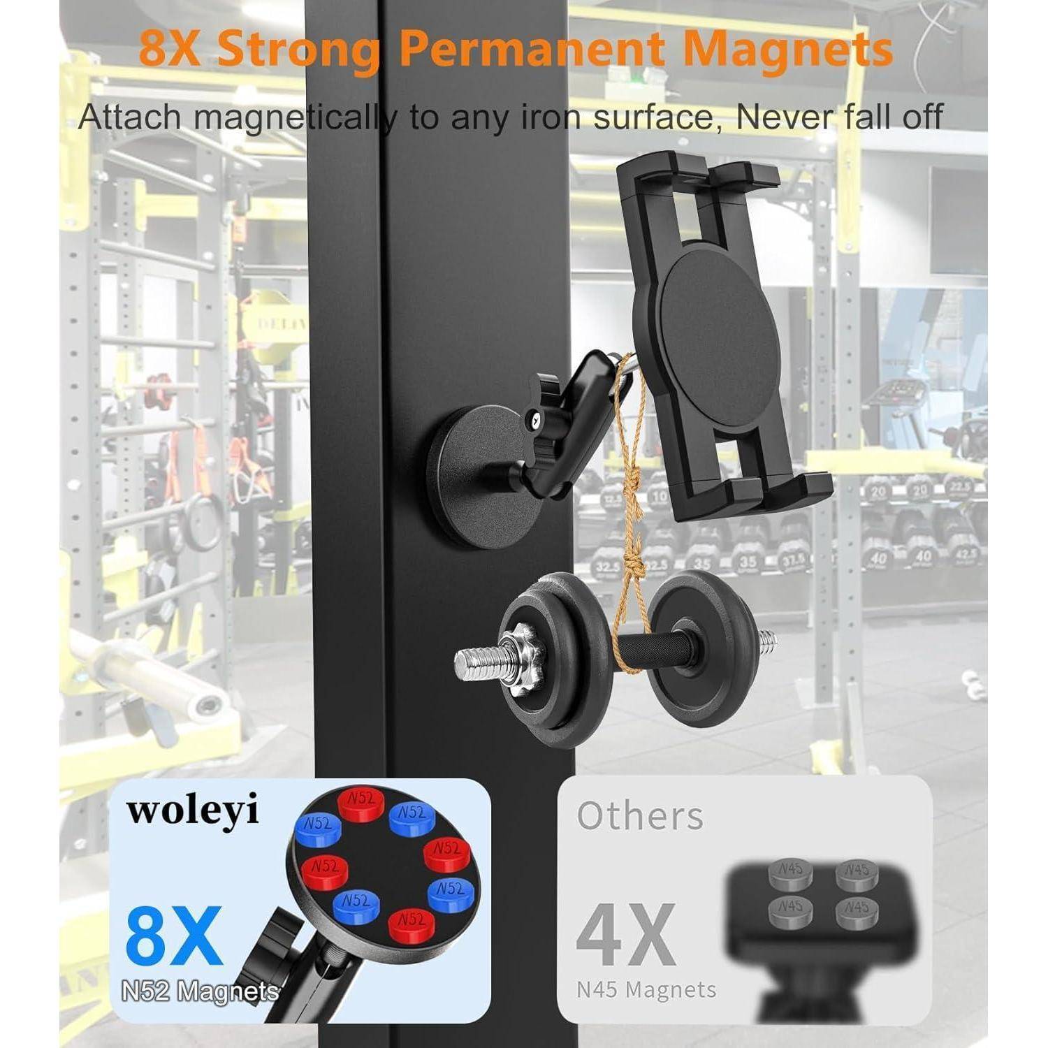 Schwarze magnetische Handyhalterung an einer Fitnessmaschine angebracht, mit Text, der "8X Starke Permanentmagnete"" bewirbt, und einem Vergleich, der Woleys 8X N52-Magnete gegenüber den 4X N45-Magneten anderer zeigt.