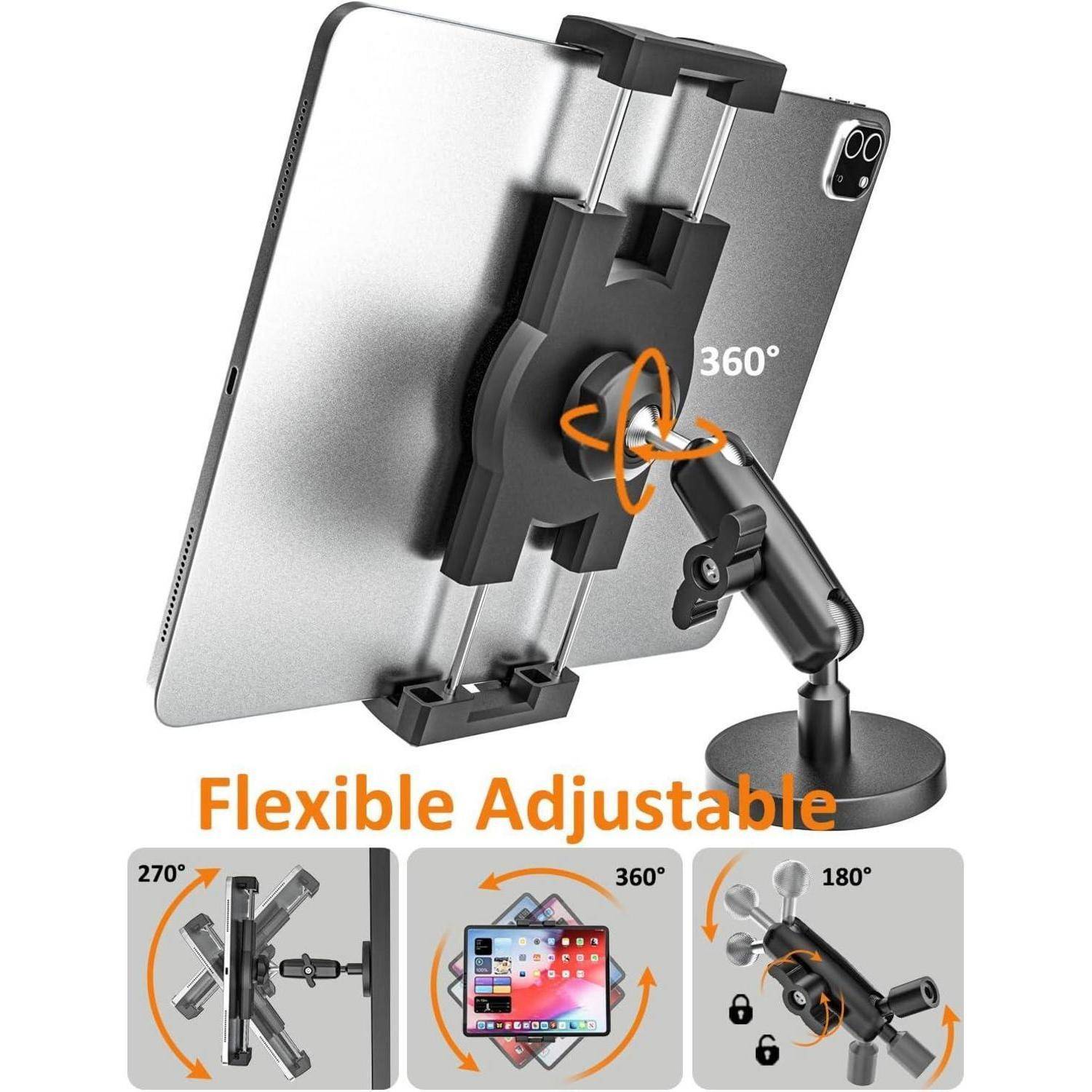 Verstellbare Tablet- und Telefonhalterung mit 360-Grad-Rotation und flexibler Positionierung, dargestellt mit Beispielen von 270°-, 360°- und 180°-Einstellungen.
