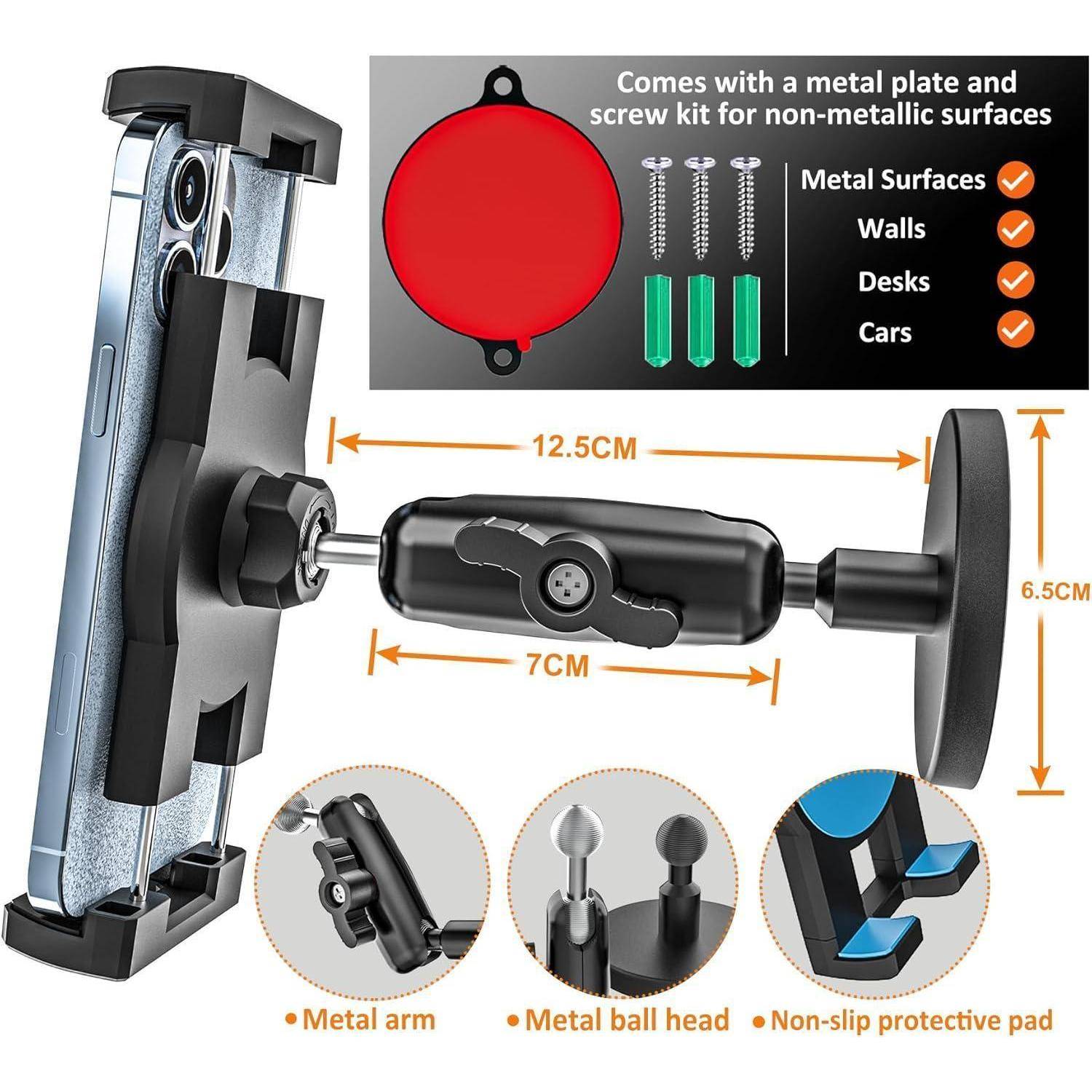 Abbildung einer Autotelefonhalterung mit verstellbarem Metallarm und Kugelkopf, zeigt das mitgelieferte Metallplättchen und Schraubensatz zur Verwendung auf Metallflächen, Wänden, Schreibtischen und Autos, mit gekennzeichneten Abmessungen von 12,5 cm, 7 cm und 6,5 cm.