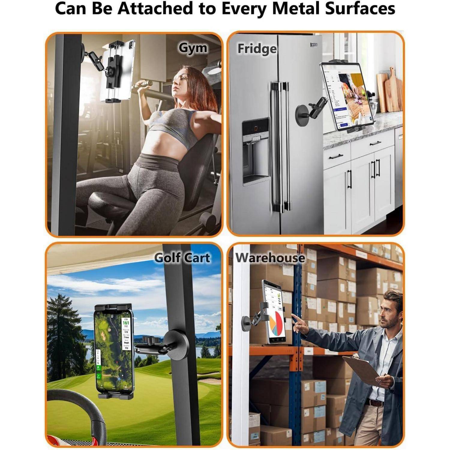 Produktdemonstration mit einer magnetischen Handyhalterung, die an Metallflächen in einem Fitnessstudio, an einem Kühlschrank, in einem Golfwagen und in einem Lagerhaus befestigt ist.