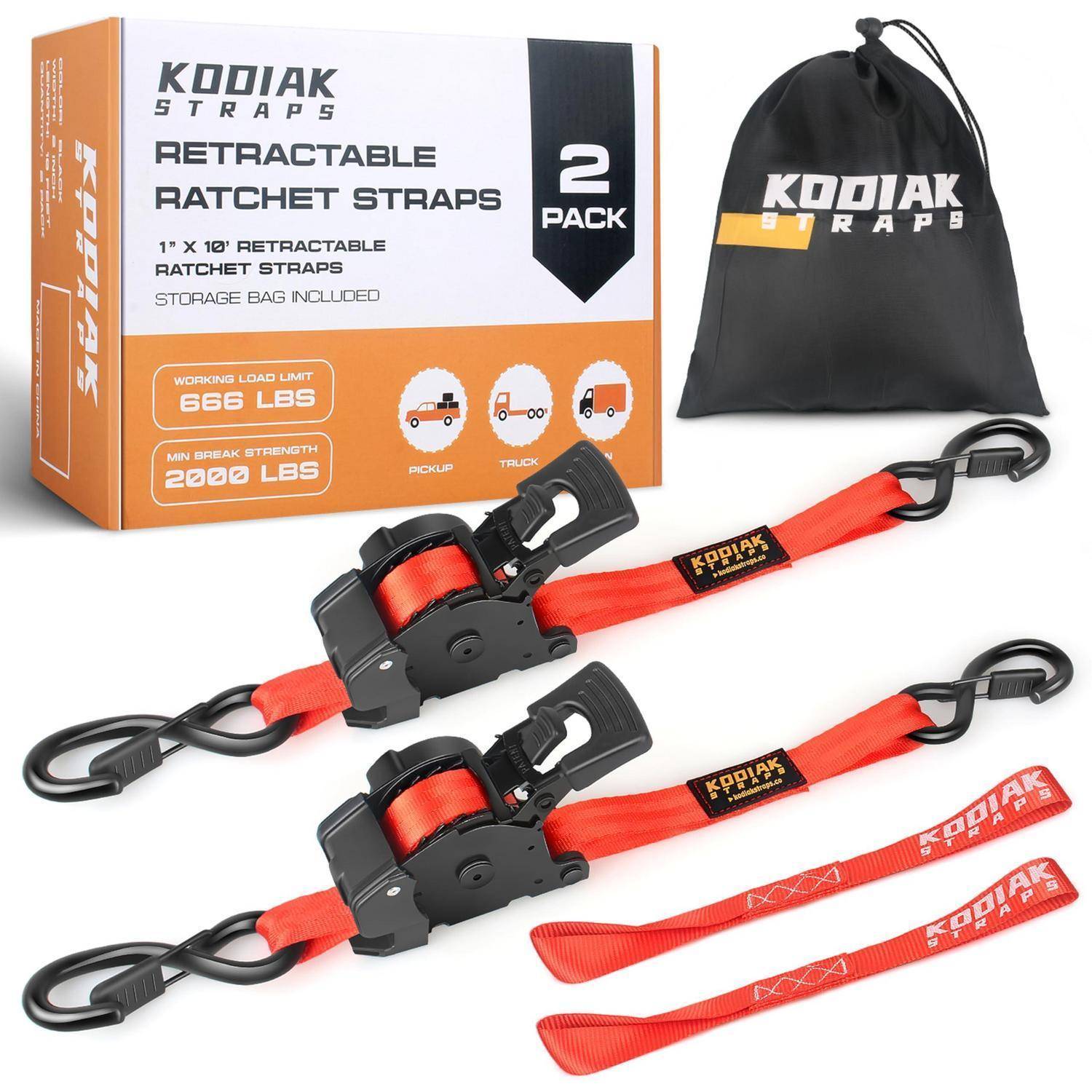 Kodiak Straps aufwickelbare Ratschengurte 2er-Pack mit Aufbewahrungstasche, Box und zwei roten Gurten mit schwarzen Ratschenhaken.